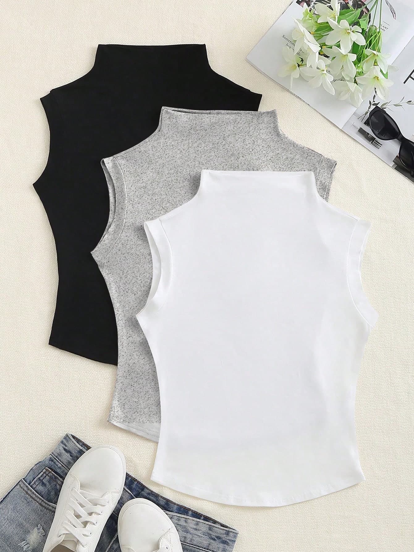 SHEIN Unity Solid Color Stand Collar Slim Fit Elegant Fashion Sleeveless Top, Summer