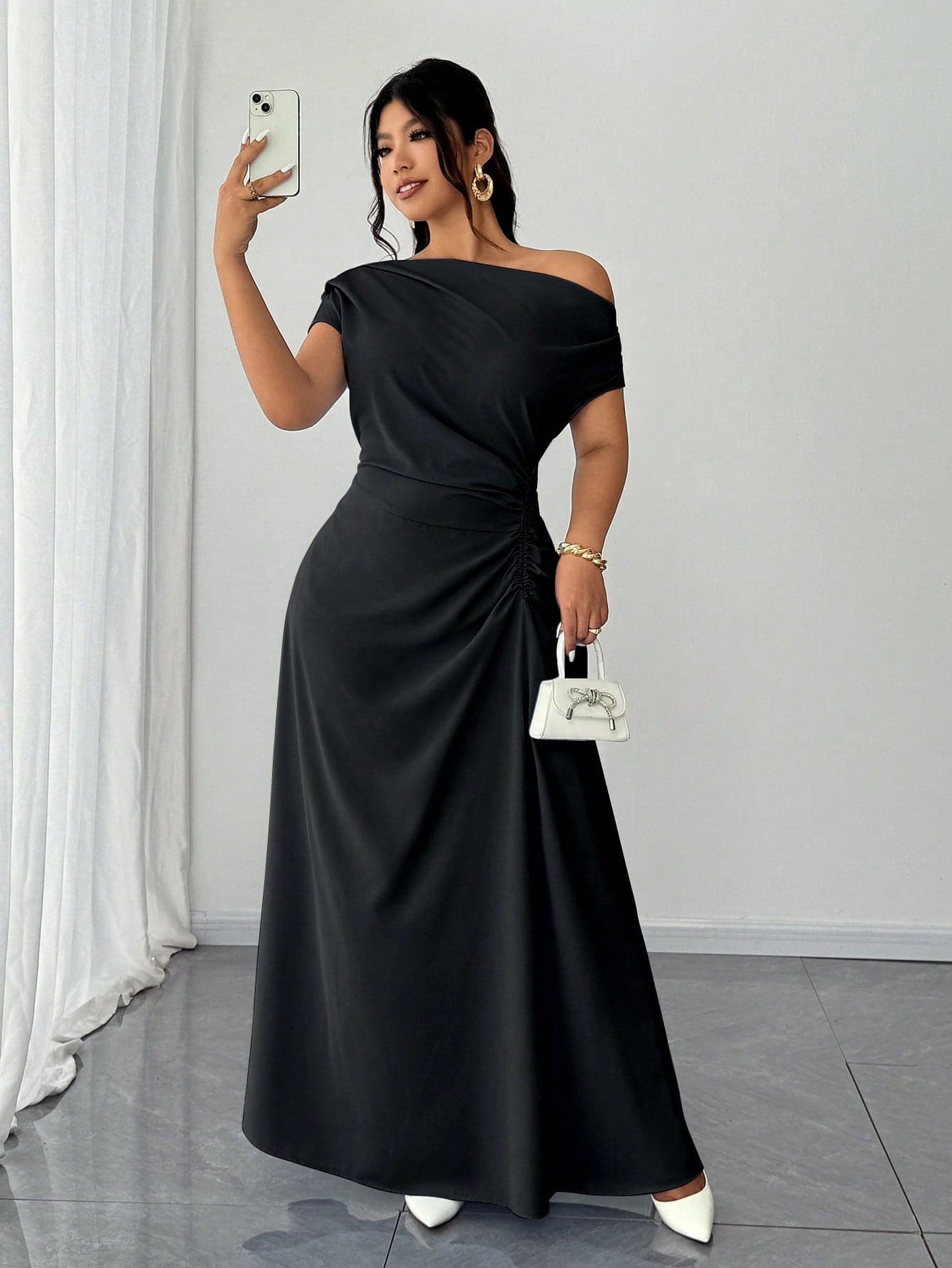 Elenzga Plus Size Cold Shoulder Ruched Elegant Dress
