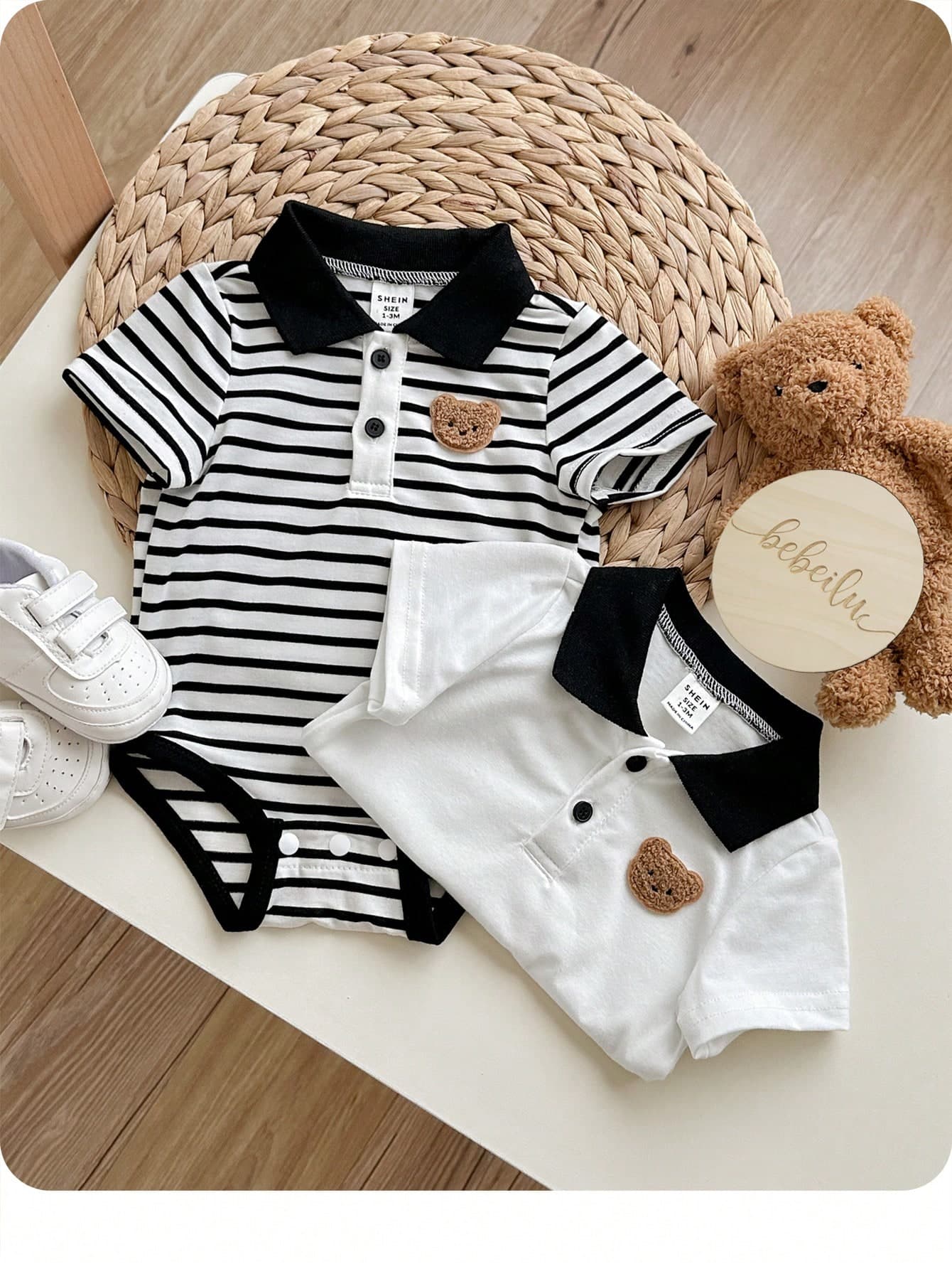 2pcs Set Newborn Baby Boys Cute Casual Striped Knit Short Sleeve Polo Bodysuit Outfit, Suitable For Birthday Party, Ceremony, Wedding, Baby Shower