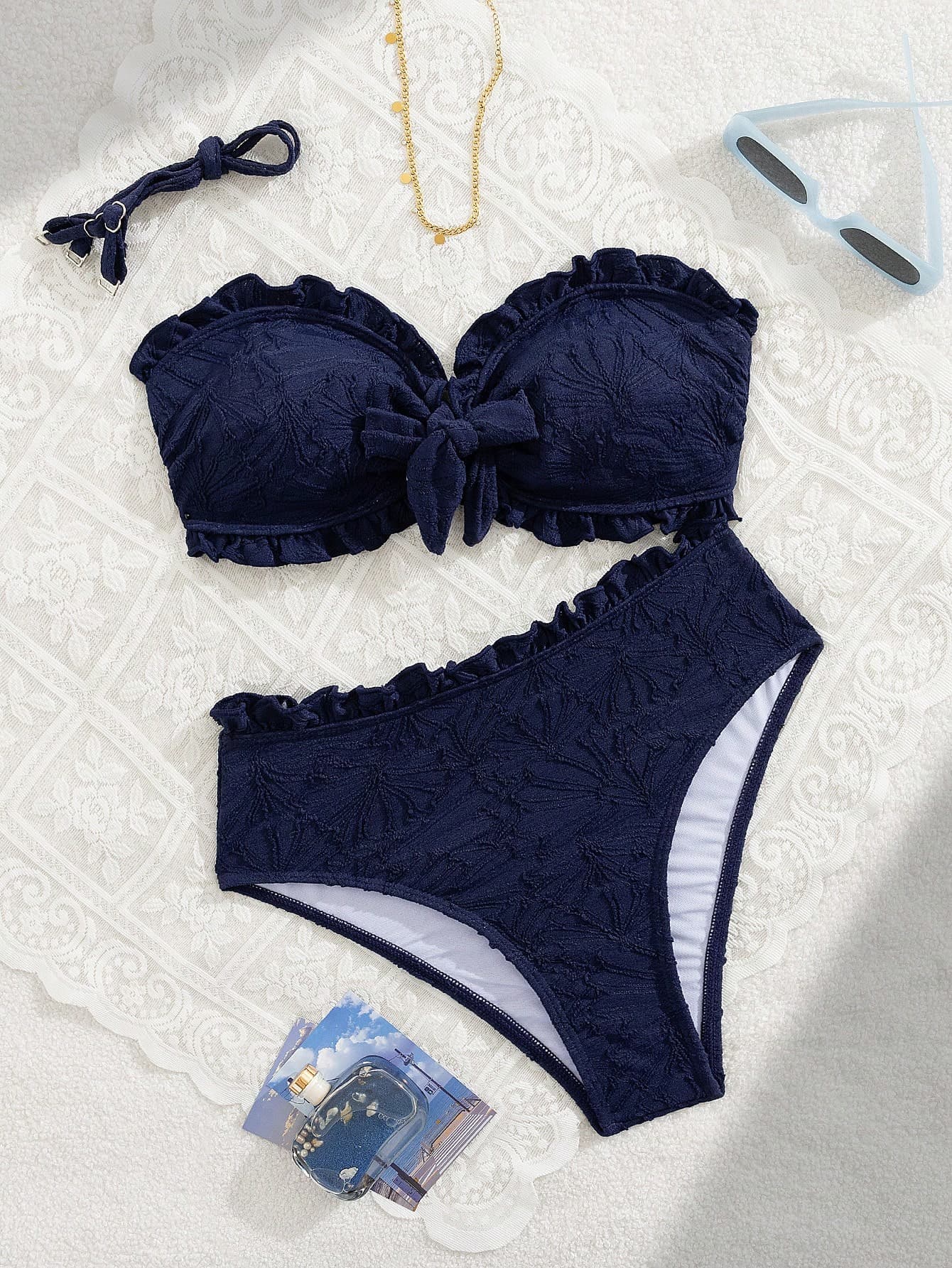 Swim Mod Summer Vacation Sexy Solid Color Textured Fabric Spaghetti Strap Ruffles Bandeau Bikini Swimwear Set