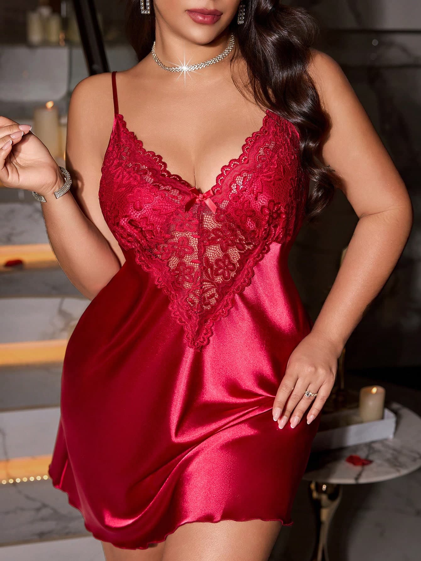 SilkySpell Plus Size Women Lace Patchwork Waist Hollow Out Sexy Satin Camisole Nightdress