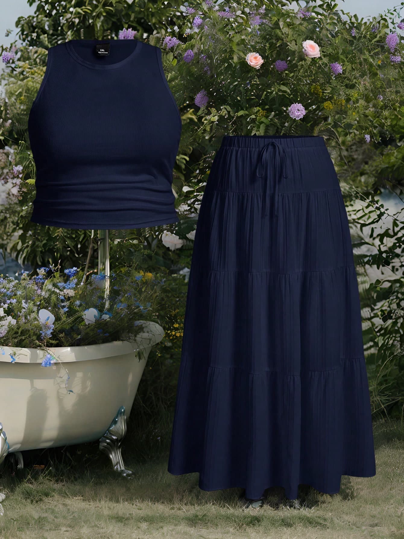 SHEIN EZwear 2pcs/Set Plus Size Women Sleeveless Tank Top And Maxi Skirt, Navy Blue, Set, Summer Tiered Set,Back To School