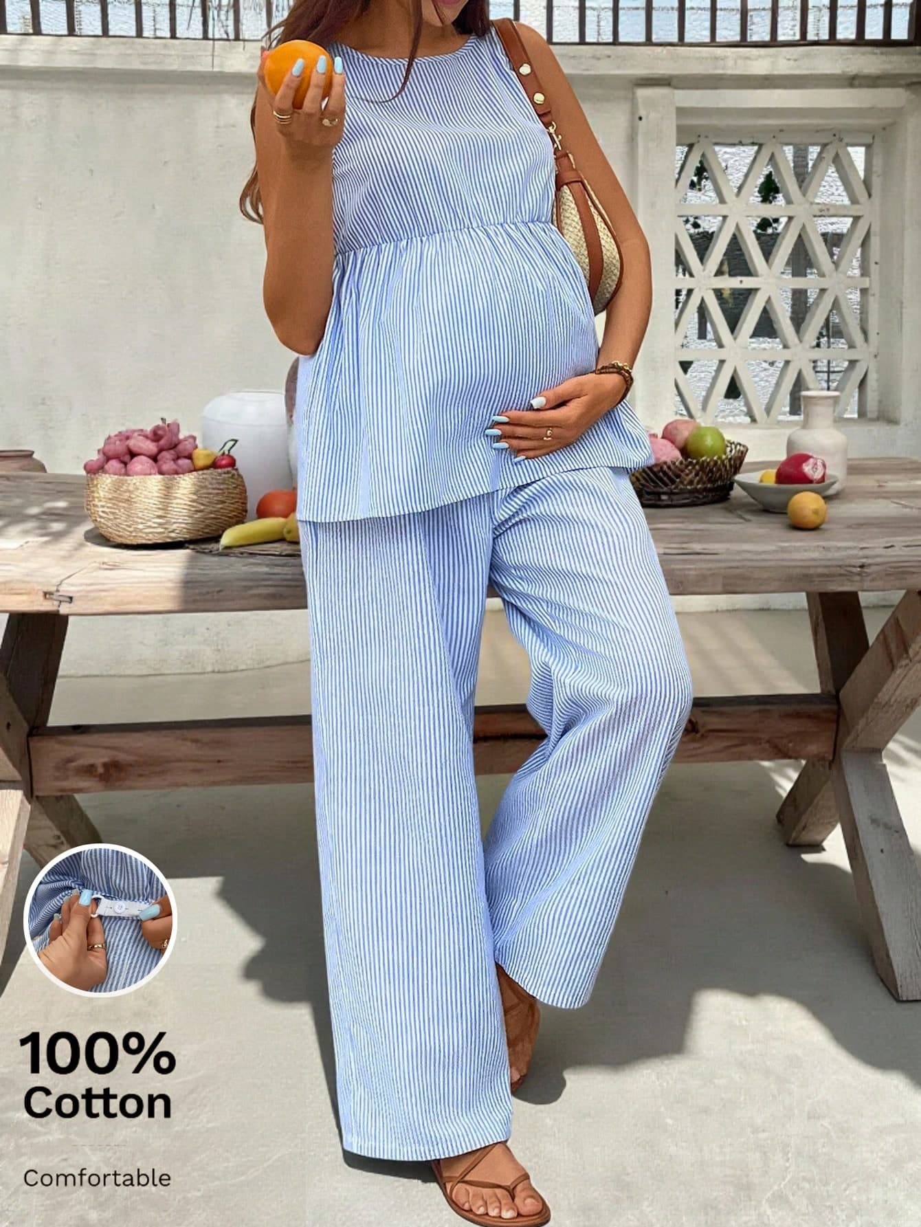 SHEIN Maternity Stripe Sleeveless Round Neck Casual Top And Loose Pants 2Pcs Set, Summer