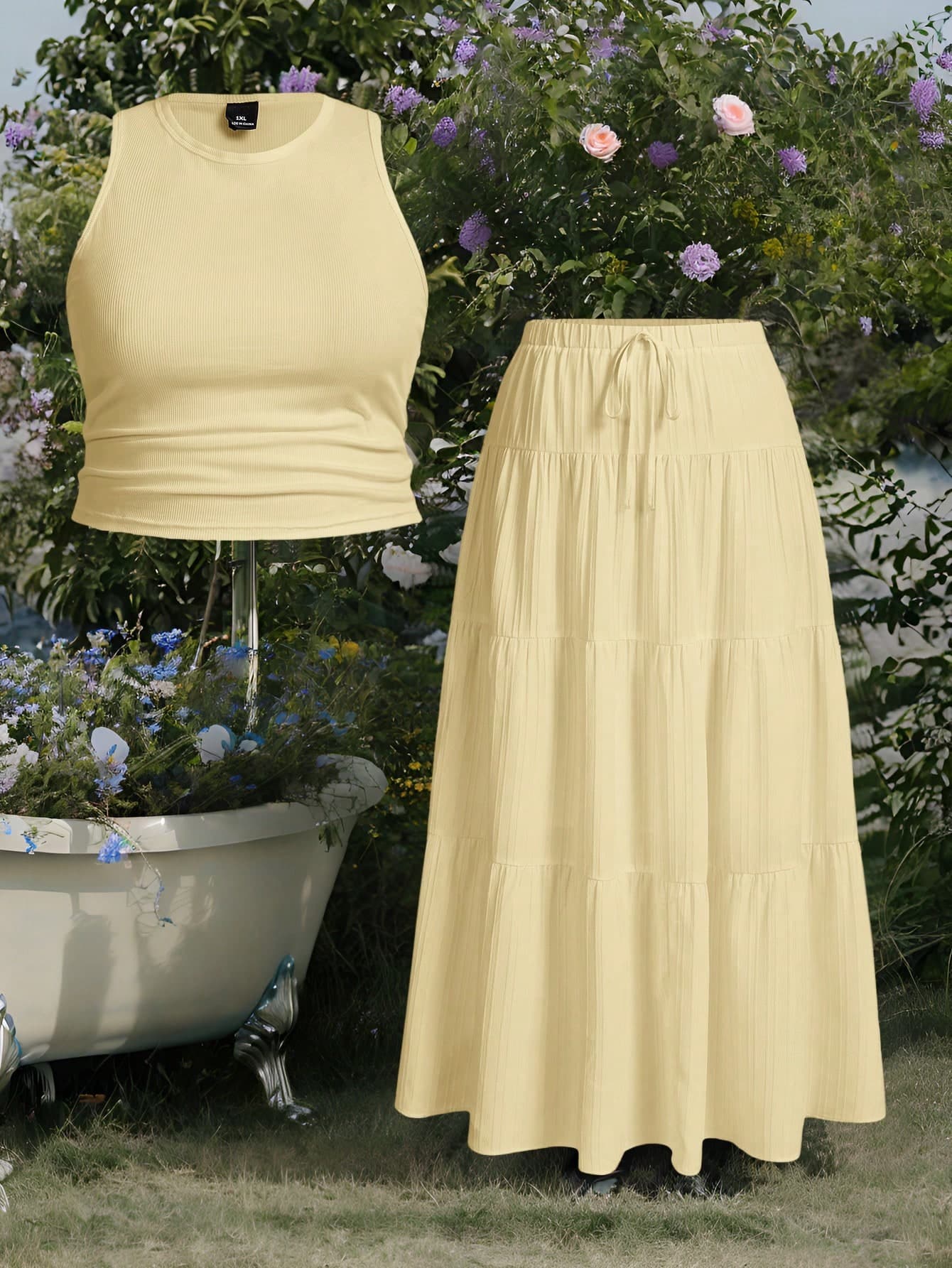 SHEIN EZwear 1 Set Yellow Sleeveless Tank Top And Waist-Tie Maxi Skirt, Plus Size Women Summer Outfit, Butter Two Piece Vacation Outfits