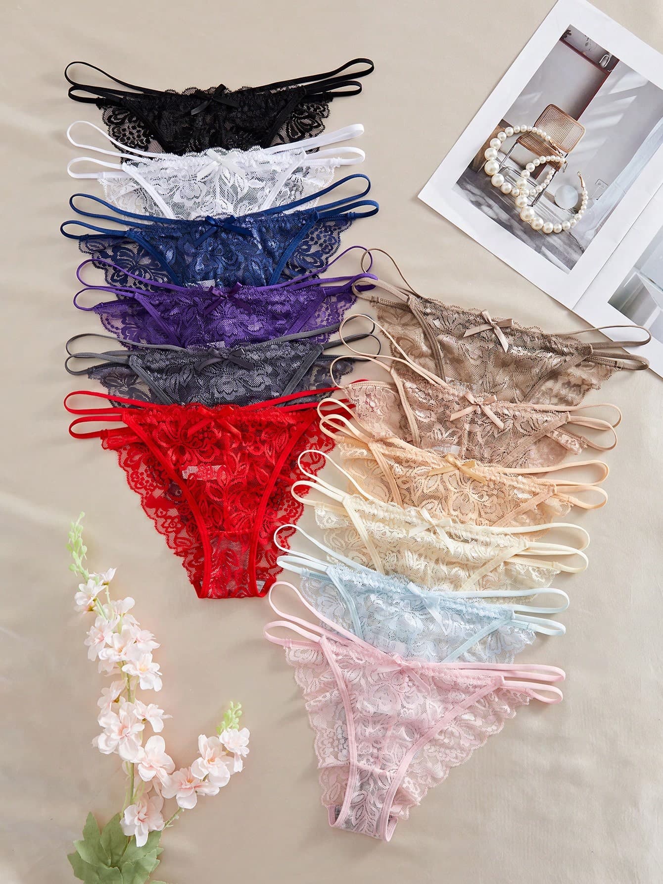 Seduluxe 12pcs/Set Lace Sexy Women's Bikini Panties, Simple & Comfortable Romantic Underwear