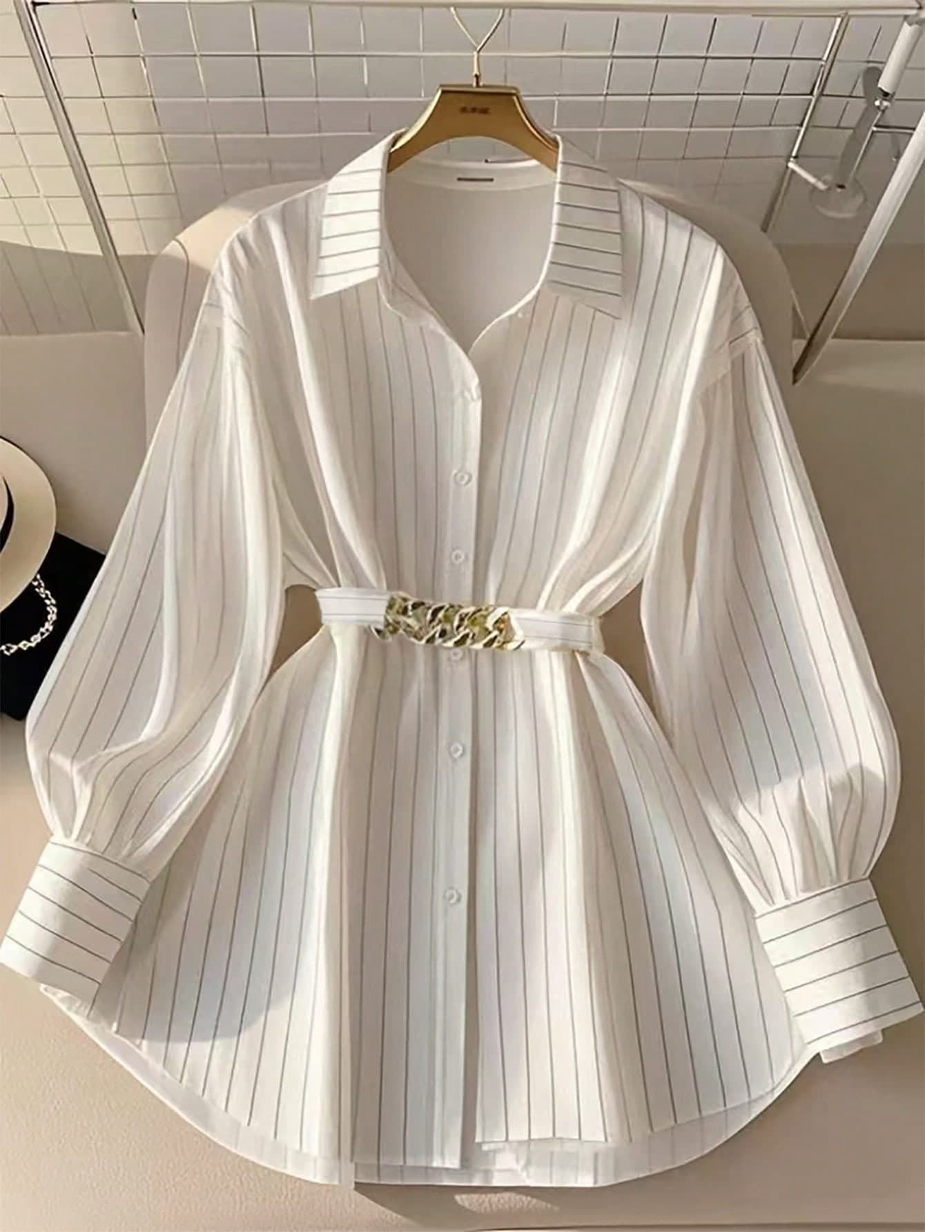 Franclia Women's Casual Striped Decoration City Commuter Style Collared Shirt (With Belt) All White Casual Spring For University