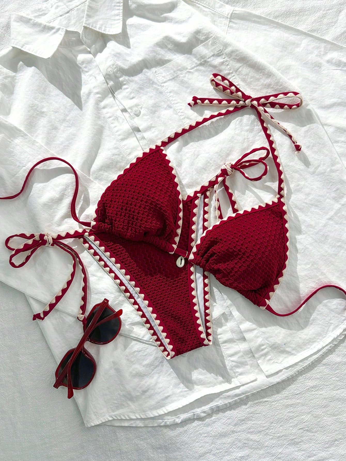 Swim Mod Women's Summer Solid Color Jacquard Fabric Ruffle Edge Adjustable Strap 2 Pieces Bikini Set