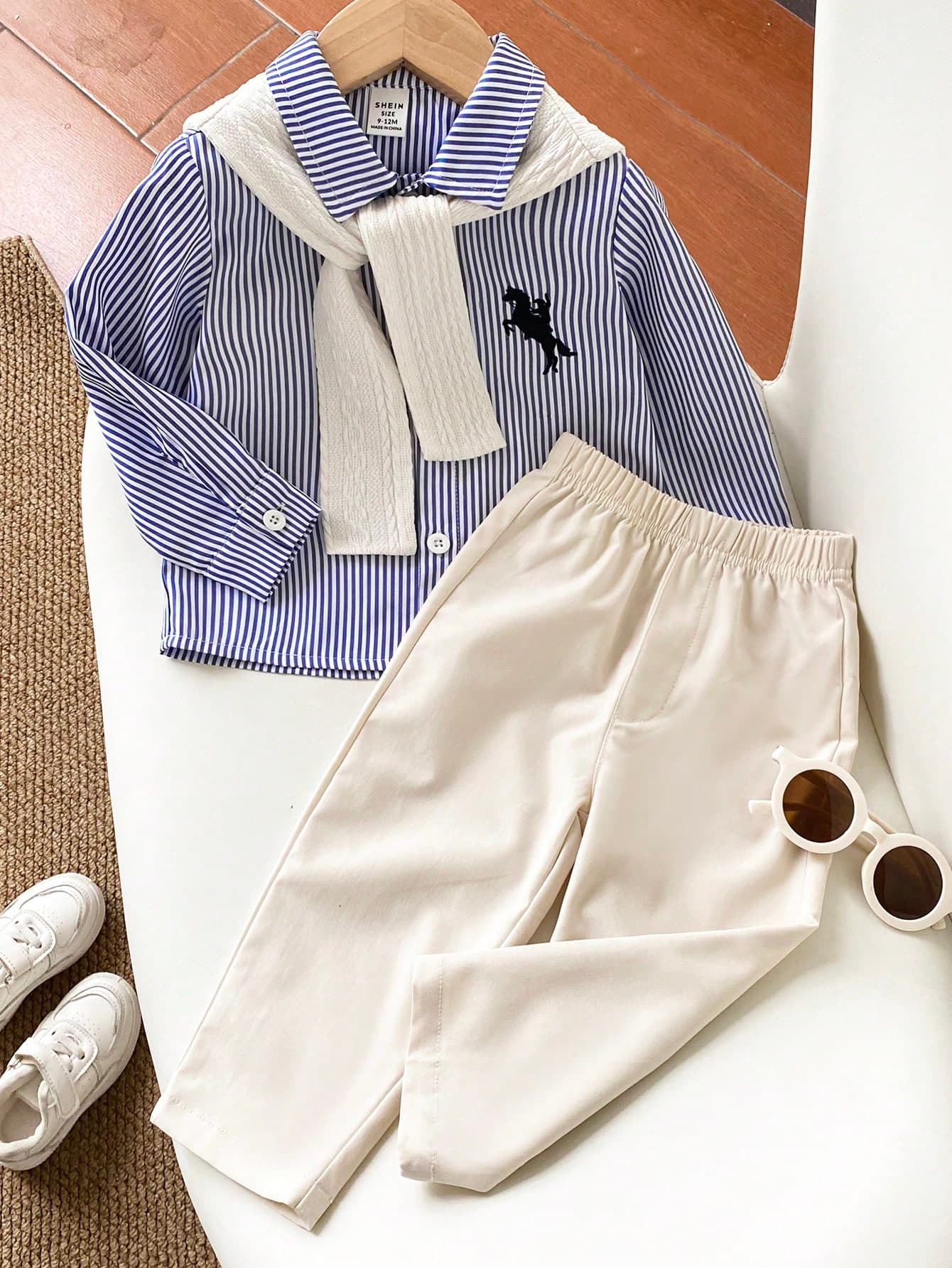 Souflis Souflis 3pcs/Set Baby Boy Blue White Stripe Shirt And Elastic Waist Pants Set Autumn Casual Matching Family Outfit Korean Style Retro Preppy Clothes 6M-3T