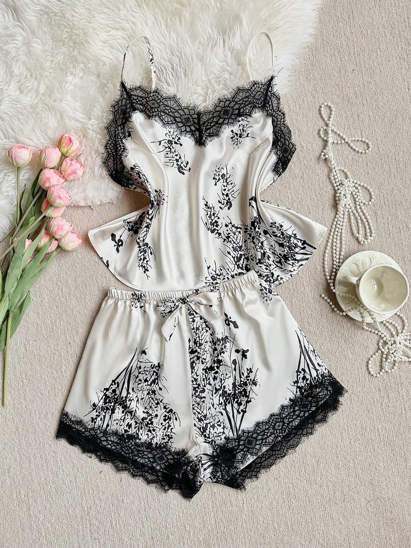 SHEIN Plus Size Women Faux Silk Branch Print Contrast Lace Camisole And Shorts Set Lace PJS Lace Sleepwear Lace Pj Set Lingerie Sleep Set Satin PJS