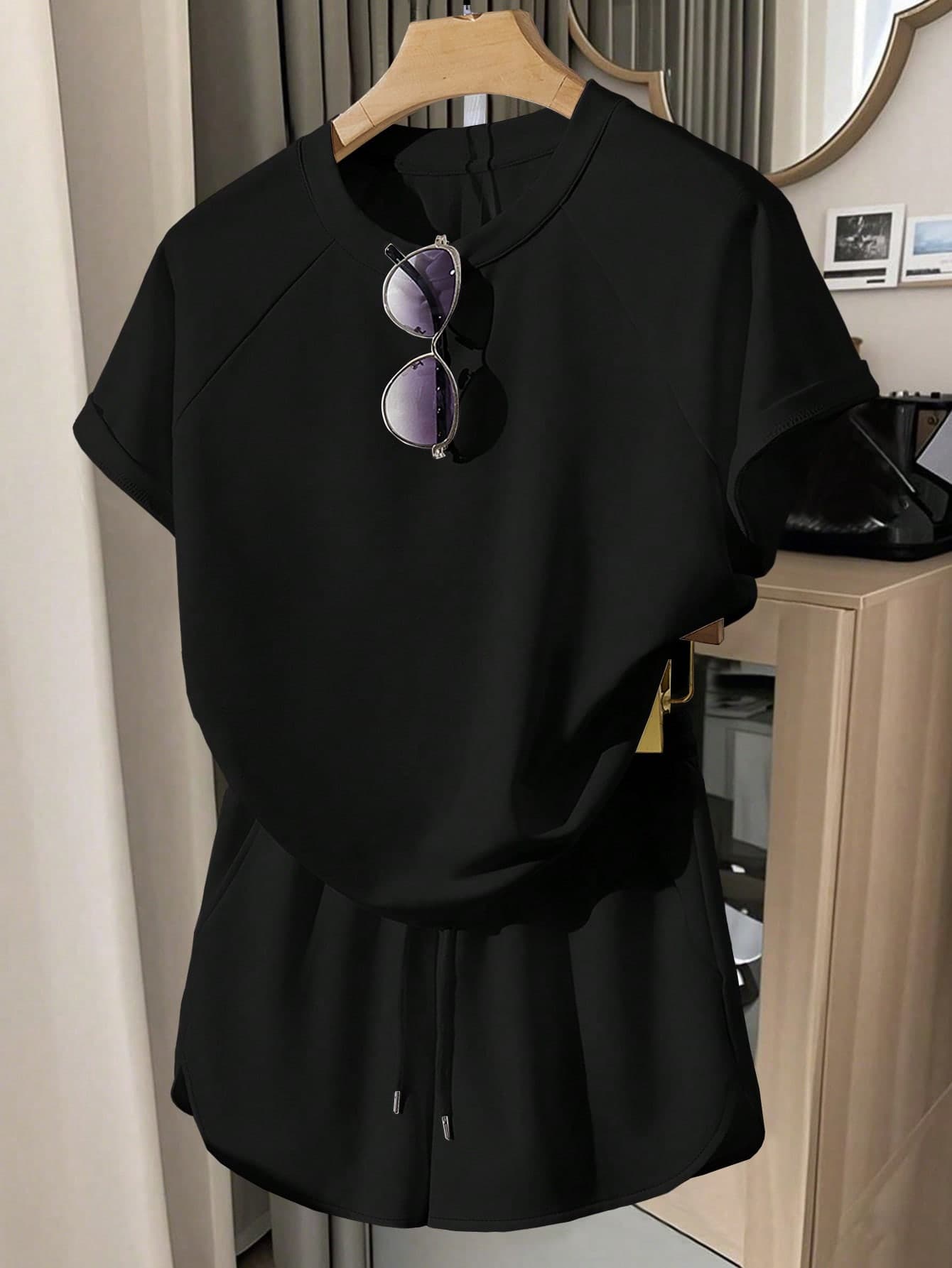 INAWLY Women's Casual Raglan Sleeve Short Sleeve Set With Sporty Style, Suitable For Summer