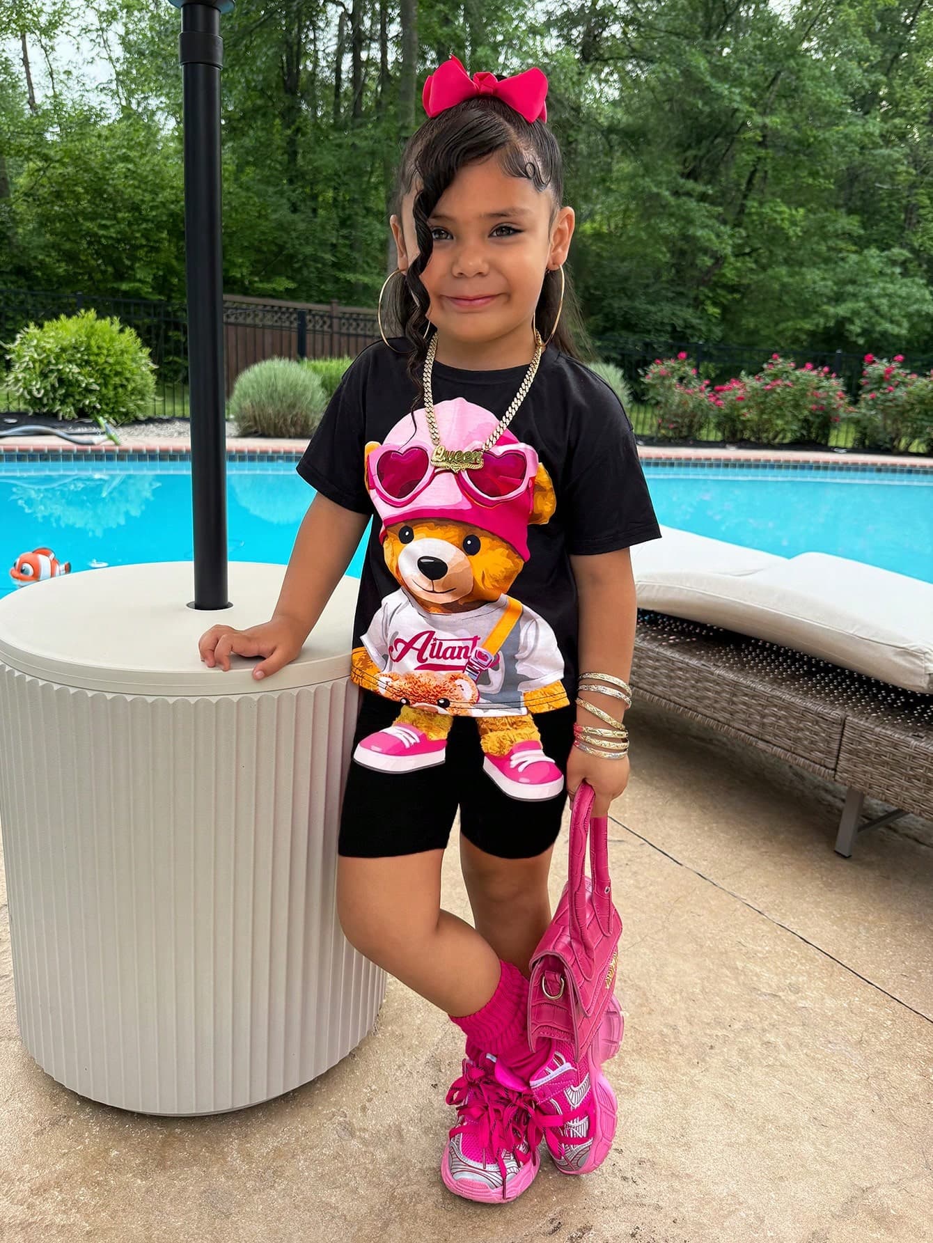2pcs Fashion Street Stylish Cute Bear Print T-Shirt And Leggings Set For Young Girls,Kids