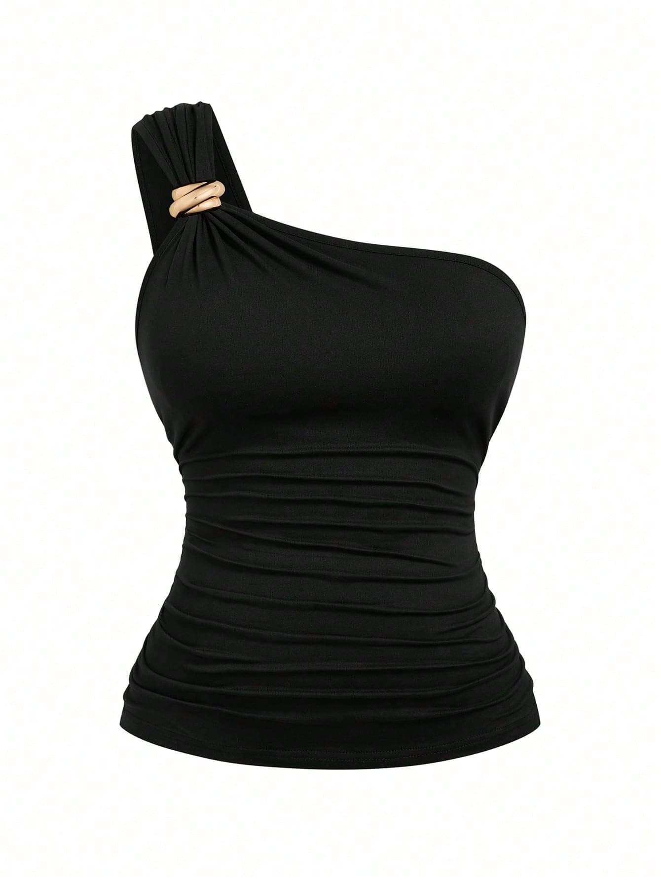 Rometta Women Plus Size Elegant One Shoulder Bodycon Black Top With Metal Decorated Button Design