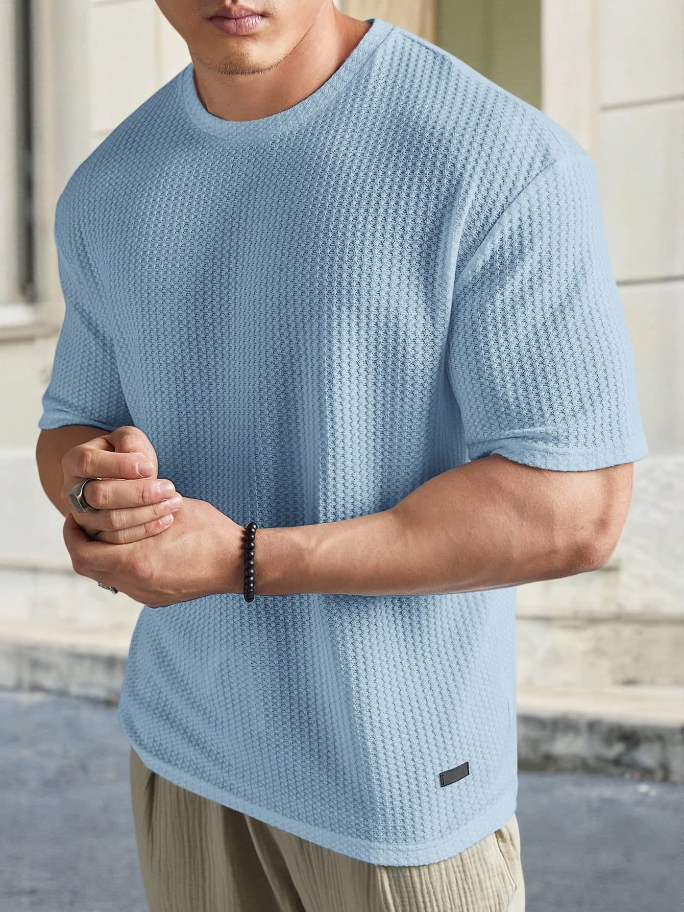 Manfinity VCAY Loose Men Solid Waffle Knit Round Neck Casual T-Shirt, Summer, Couple Things, Vacation, Father's Day Gifts, Football