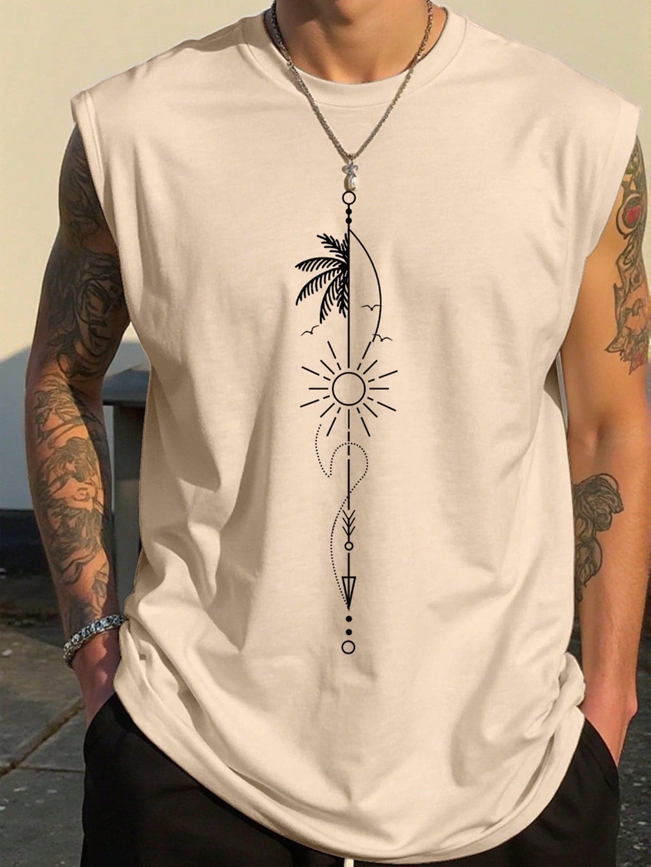 Manfinity RSRT Men's Casual Sun Print Sleeveless Tank Top, Summer, Holiday