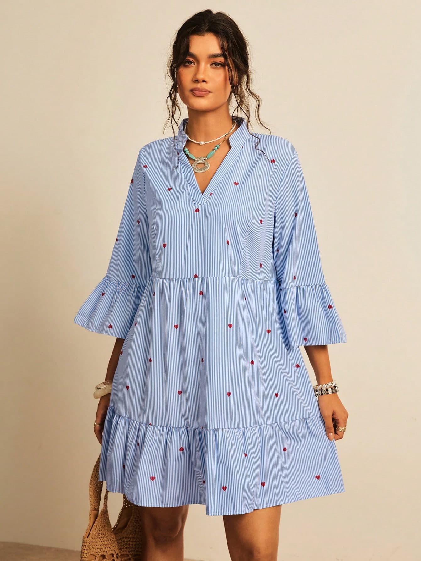 Freevana Plus Size Heart Pattern Blue & White Stripe V-Neck Puff Sleeve A-Line Beach Dress,Boho,Summer,Tea Party,Holiday Sundress Fall