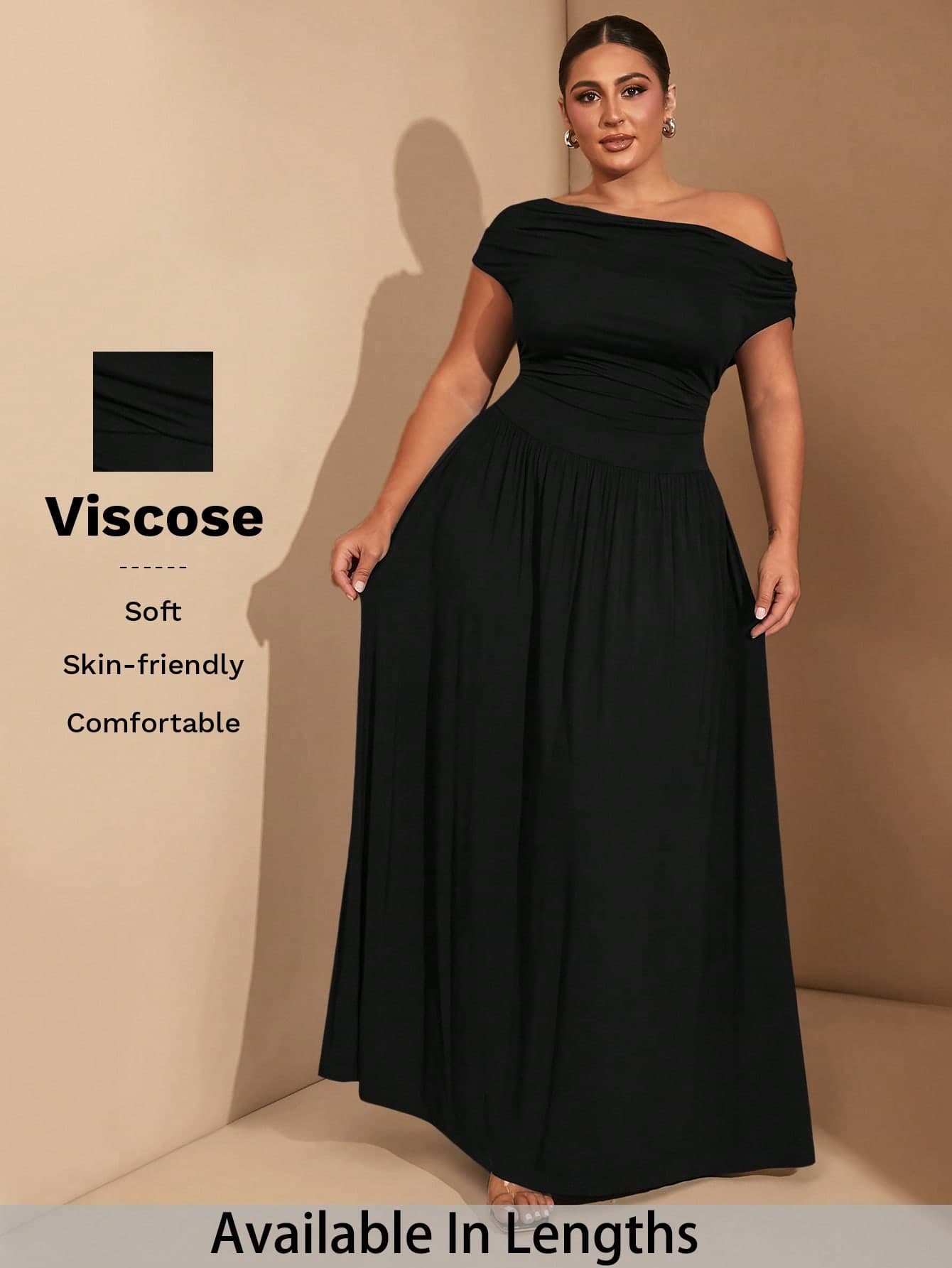 SHEIN Tall CURVE Plus Size Women's Elegant Super Versatile Stretch Fabric Black Or Daily Wear, Party, Off-Shoulder, Big Women, A-Level Maxi Dress,Wedding Guest