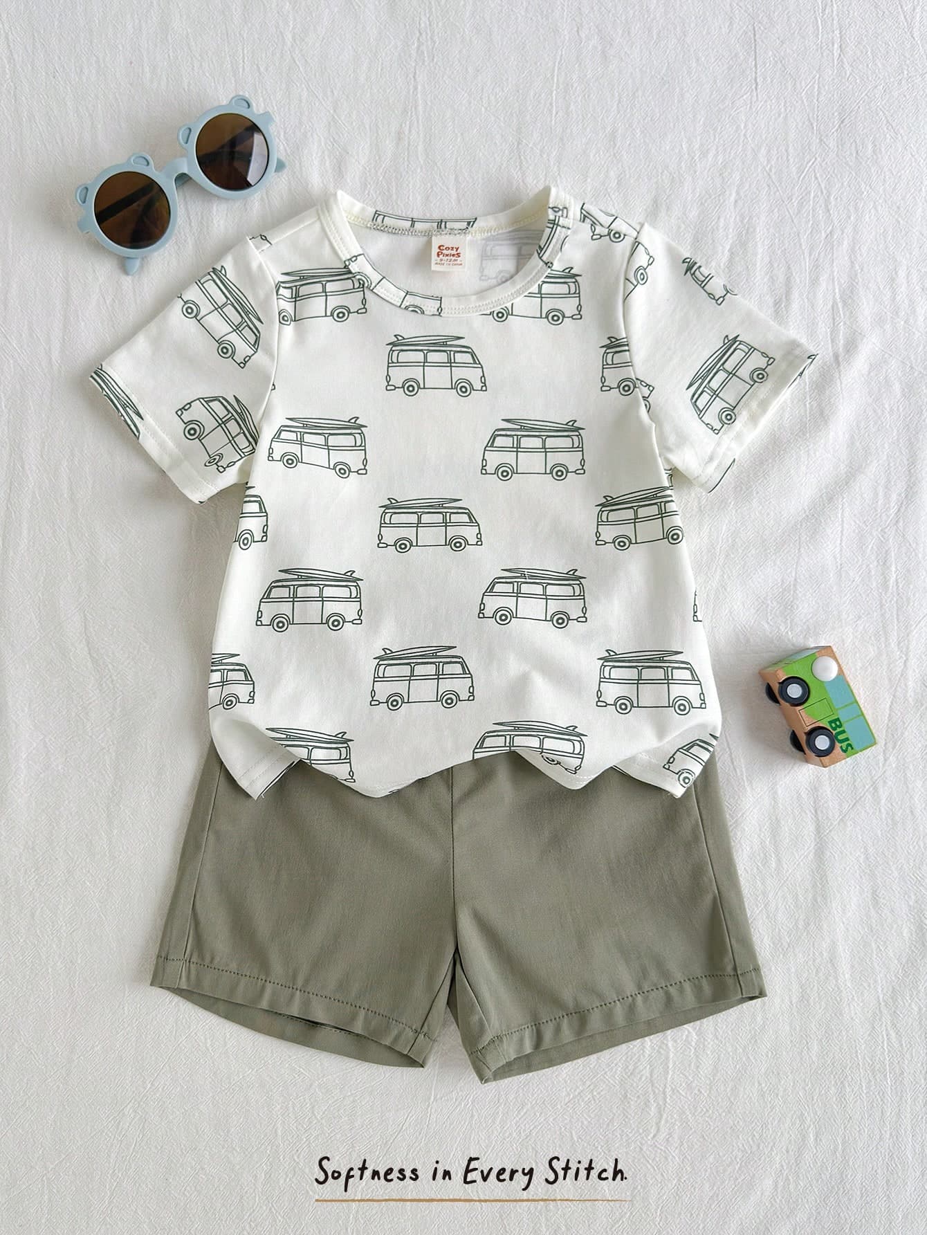 Cozy Pixies 2pcs/Set Infant Baby Boy Truck Graphic Knitted Soft Round Neck Short Sleeve Top And Solid Color Elastic Waist Shorts Toddler Car Clothes Summer Outfit