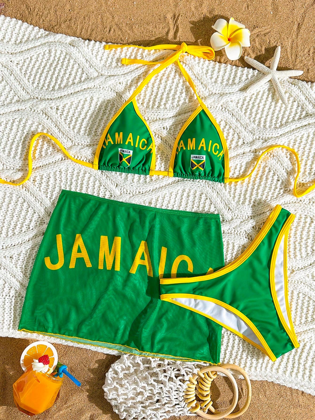 Swim Vcay 3pcs Women's Summer Beach Swimwear Set - Bikini Top, Bottom And Skirt, Yellow-Green, Positioning Jamaica Letter Print, Big Logo, Sexy For Vacation
