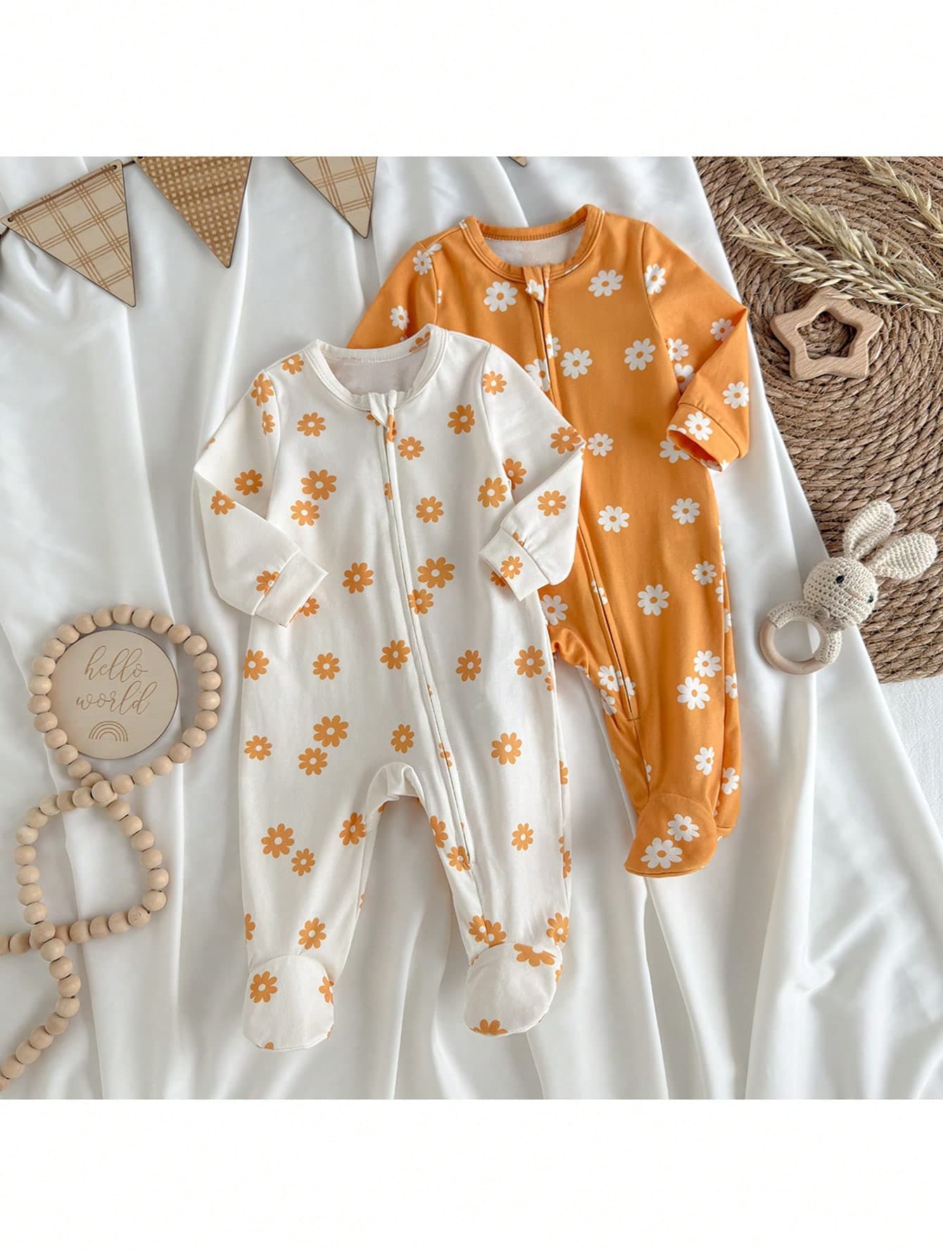 Loomiva 2pcs/Set Newborn Baby Girls' Floral Pattern Knitted Soft Crew Neck Long Sleeve Jumpsuit Set Clothes With Daisies Footed Pajamas Print For Fall Winter