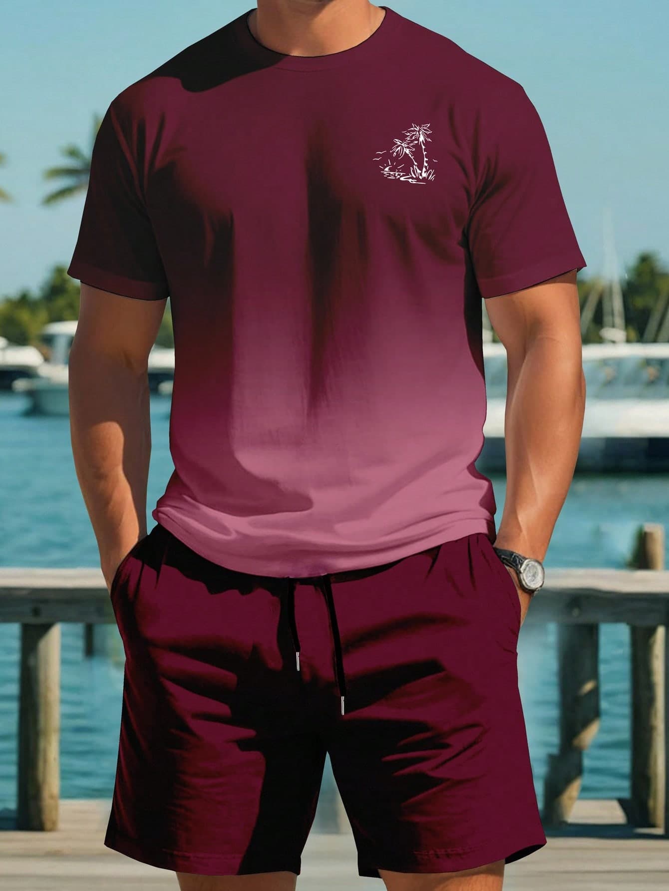 VIVINTIMO 2pcs/Set Men Casual Loose Fit Round Neck Short Sleeve T-Shirt And Shorts Set Two Pieces Sets Beach Wear Graphic Holiday