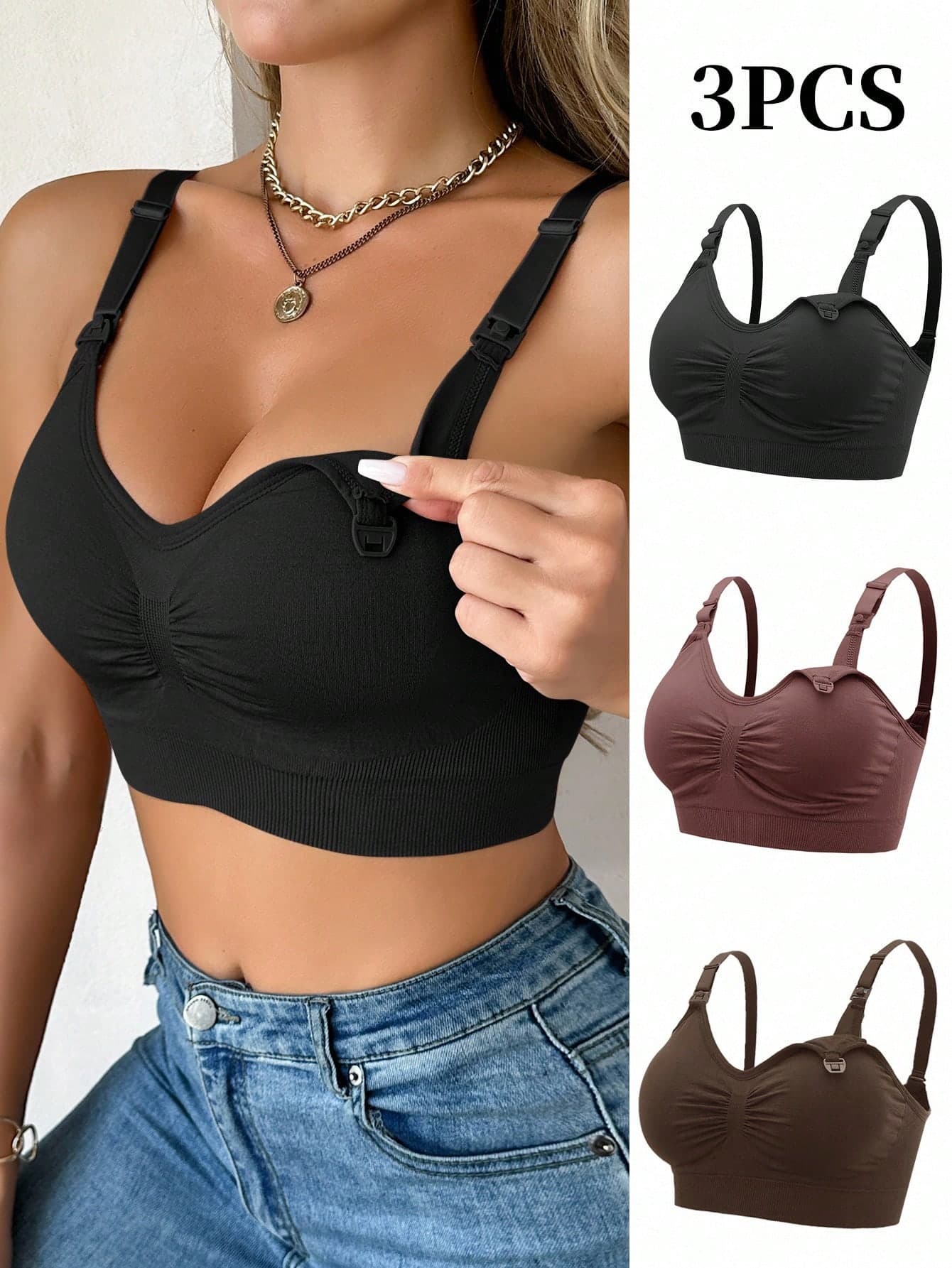 Moonlight&Mama 3pcs Comfortable Solid Color Maternity Bras With Spaghetti Strap, Wire Free