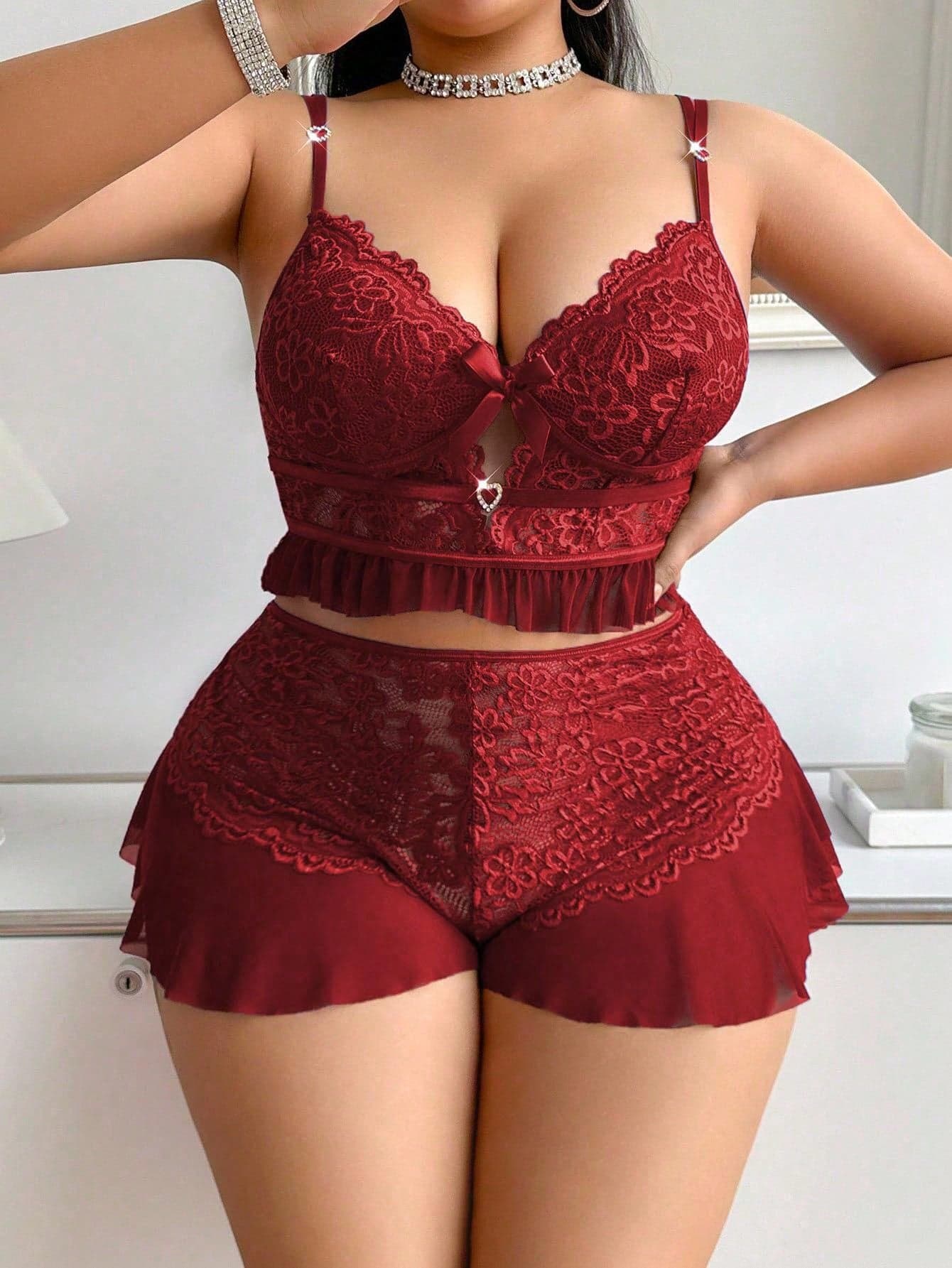 SHEIN Women's Lace Patchwork Deep V Rhinestone Heart Decor Cross Strap PJS Red Lace Lingerie Set Burgundy Lingerie Set