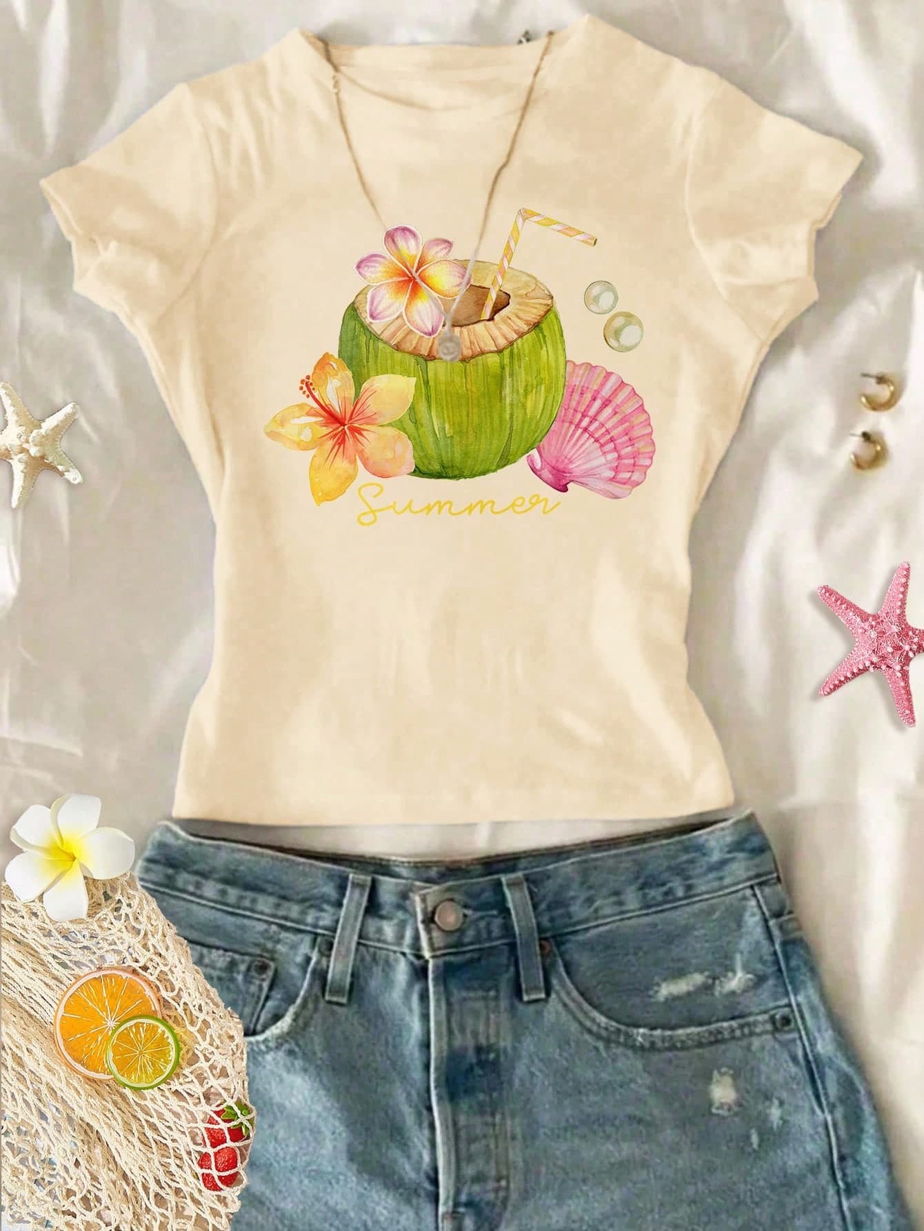 SHEIN Beige Summer Casual Vacation Holiday Tropical Floral Coconut Girl T-Shirt,Tween Girl Fitted Round Neck Long Sleeve Cute Graphic Tee,Cream Yellow Tops