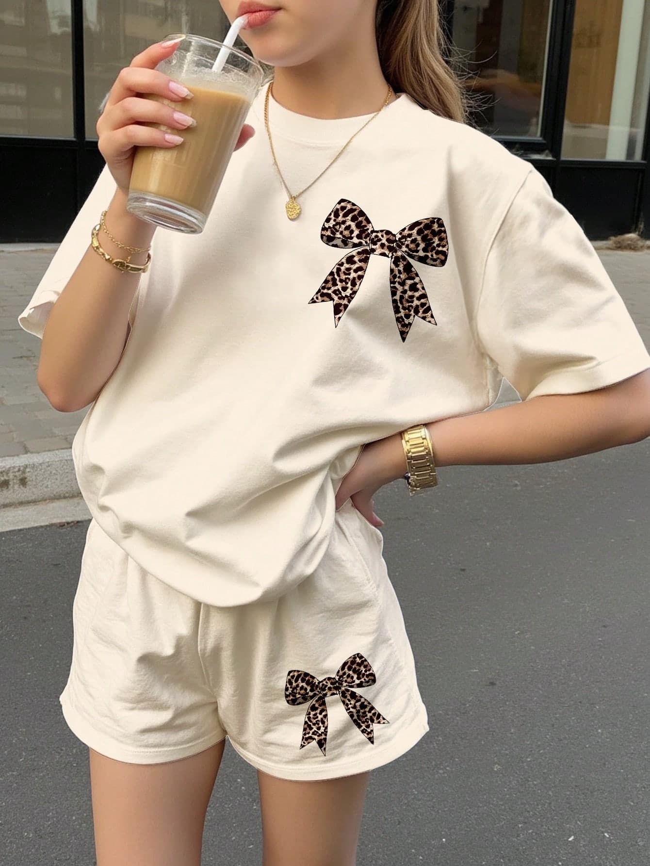 SHEIN 2pcs Vintage Bowknot & Leopard Print Tween Girls Casual Minimalist Short Sleeve Top And Shorts Set, Summer