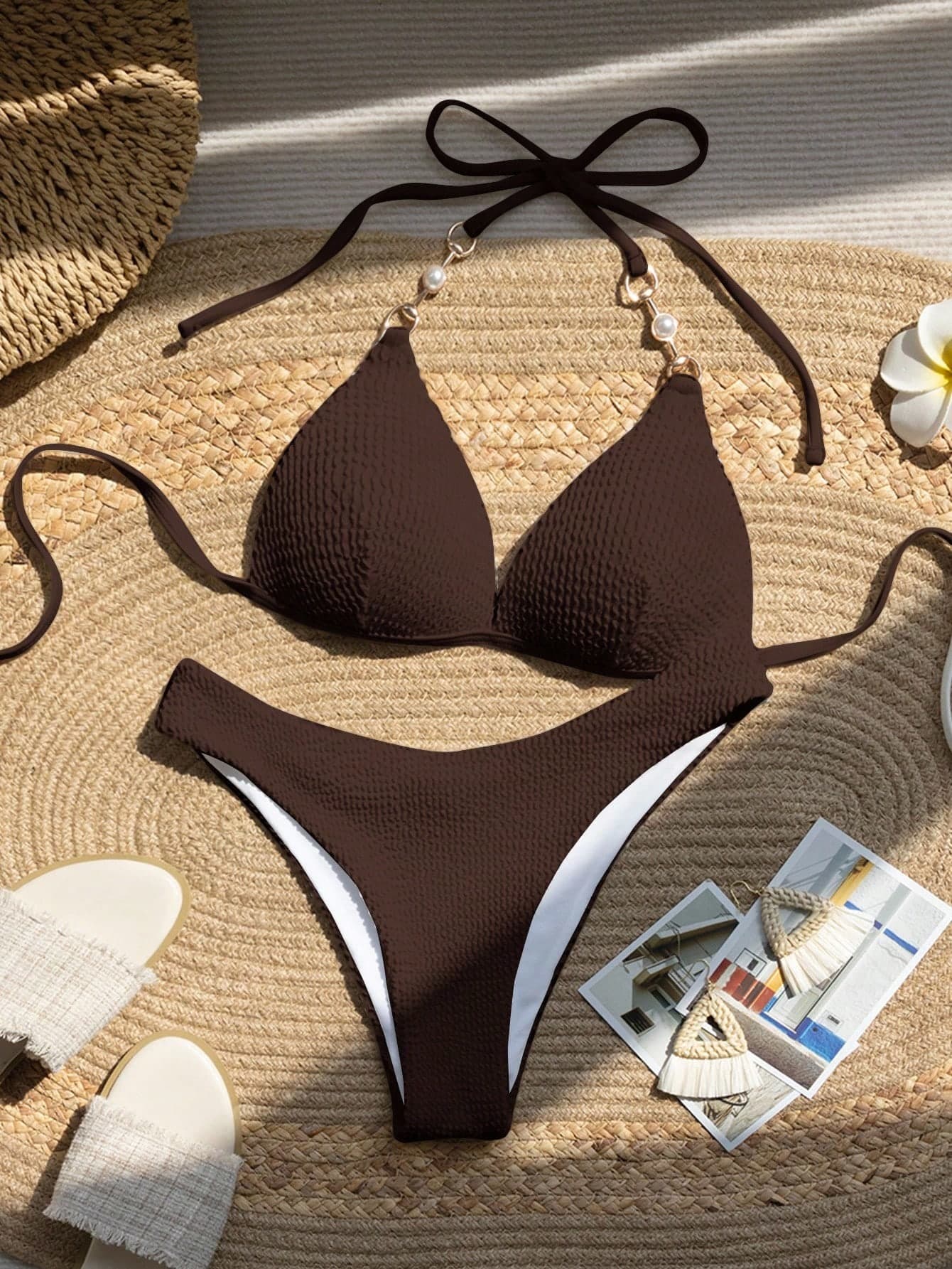 SHEIN Swim Women Summer Beach Solid Color Halter Tie Sexy Bikini 2-Piece Swimwear Set