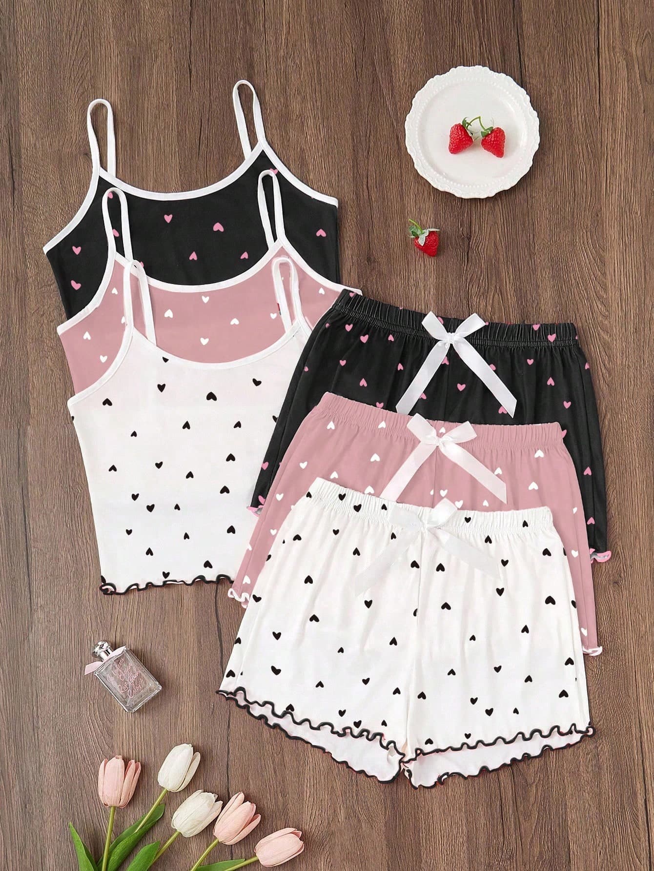 Softscene 3pcs/Set Heart Printed Camisole & Shorts PJS Women PJS Heart Print PJS Camisole And Shorts PJS Cute PJS Lounge Set Cozy And Elegant Details