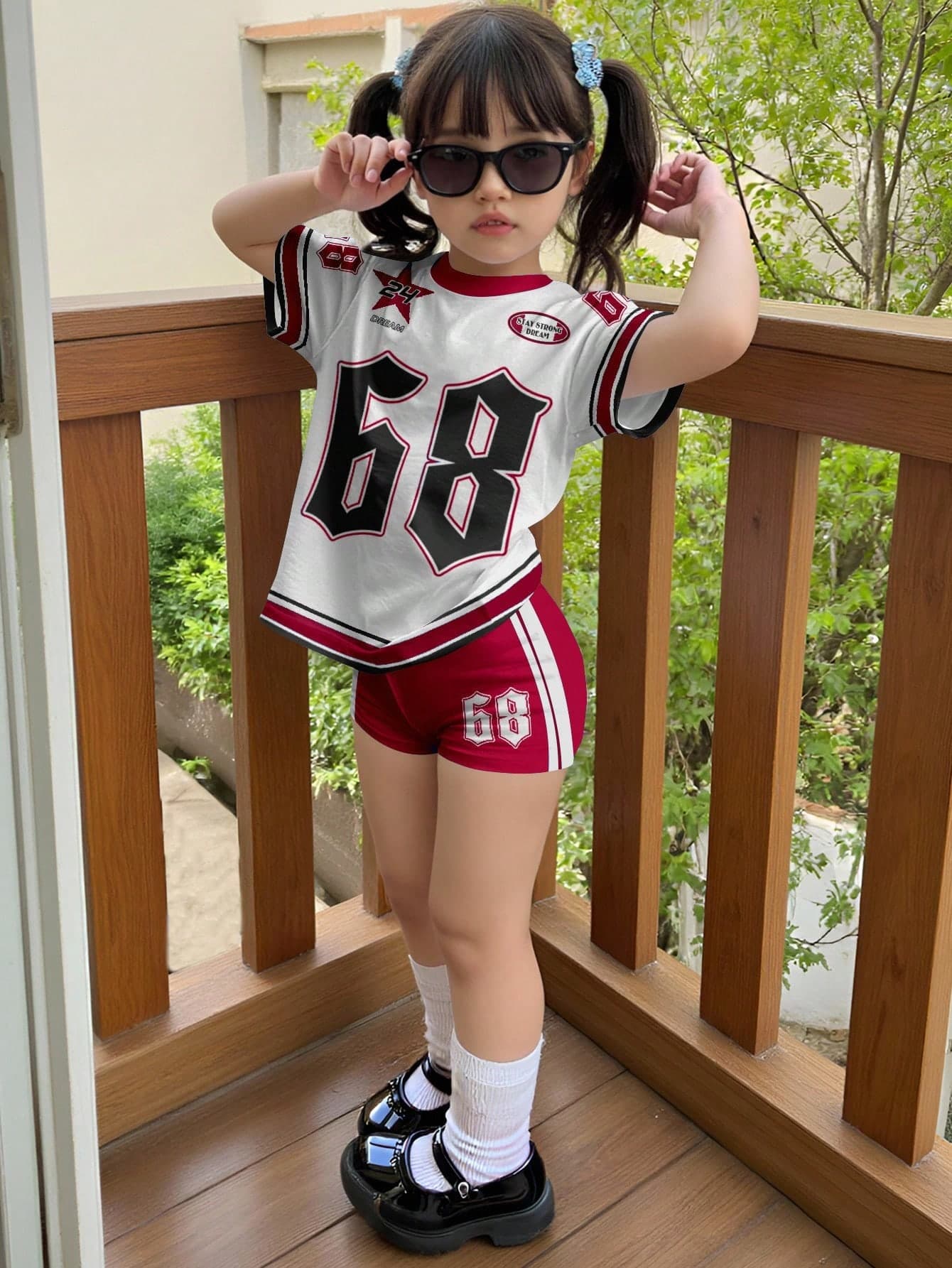 SHEIN 2pcs/Set Girls Casual Short Sleeve Top And Shorts Set,Suitable For Summer Outfit Sporty 2 Piece Kids Clothing Athletic Back To School