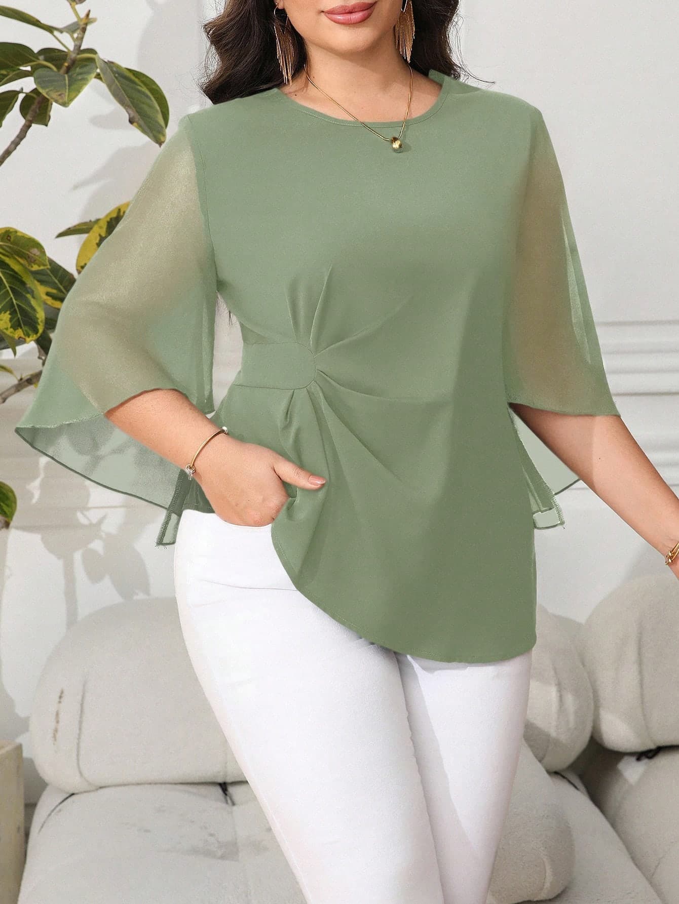 Reflora Plus Size Women Solid Color Round Neck Mesh Flared Sleeve Pleated Elegant Blouse,Teacher For Women Chiffon Blouses For Women Fall