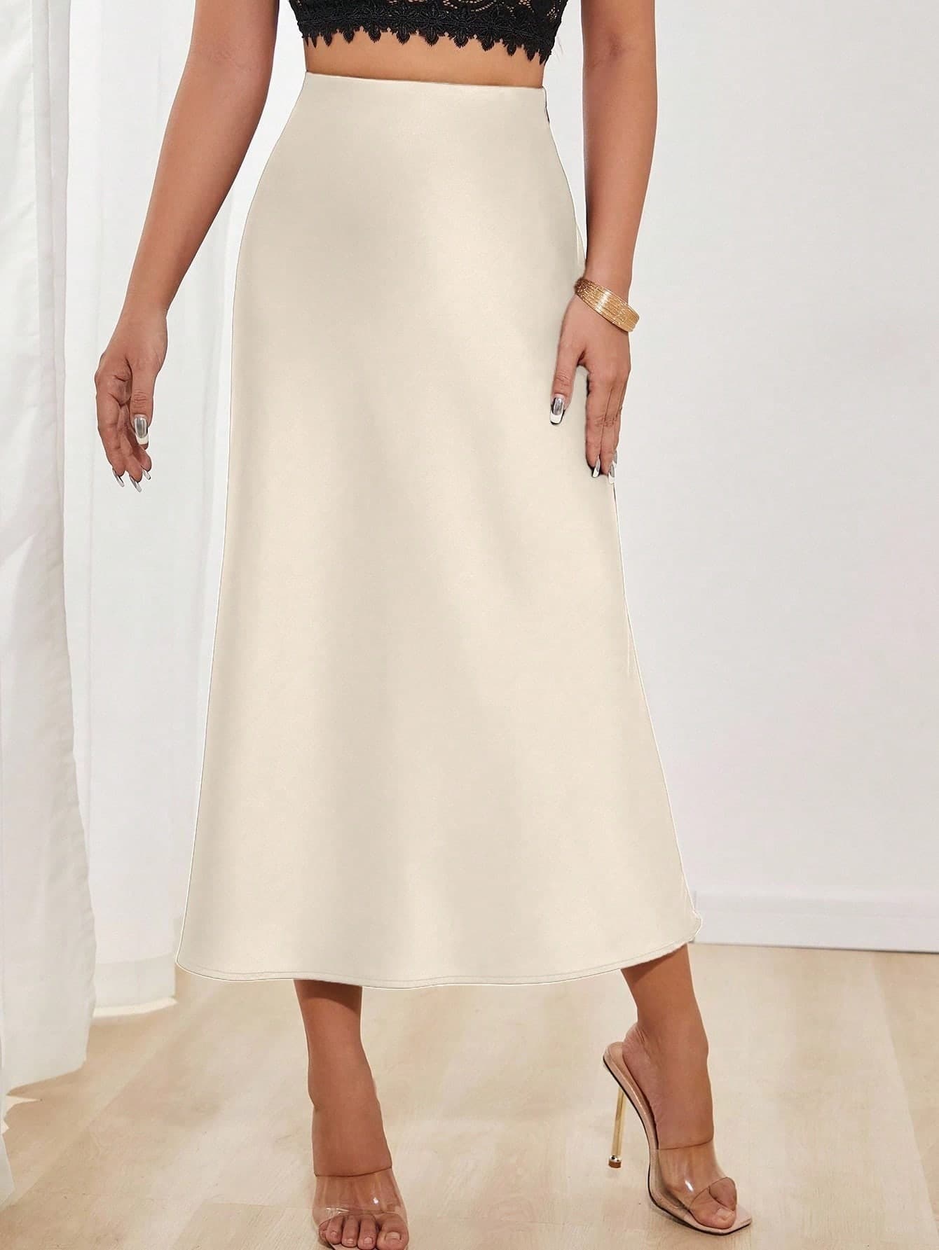 SHEIN PETITE Women's Solid Color Mermaid Style Long Skirt, Satin Material, Elegant A-Line Skirt, Suitable For Women's Party And Daily Wear ,Petite Women