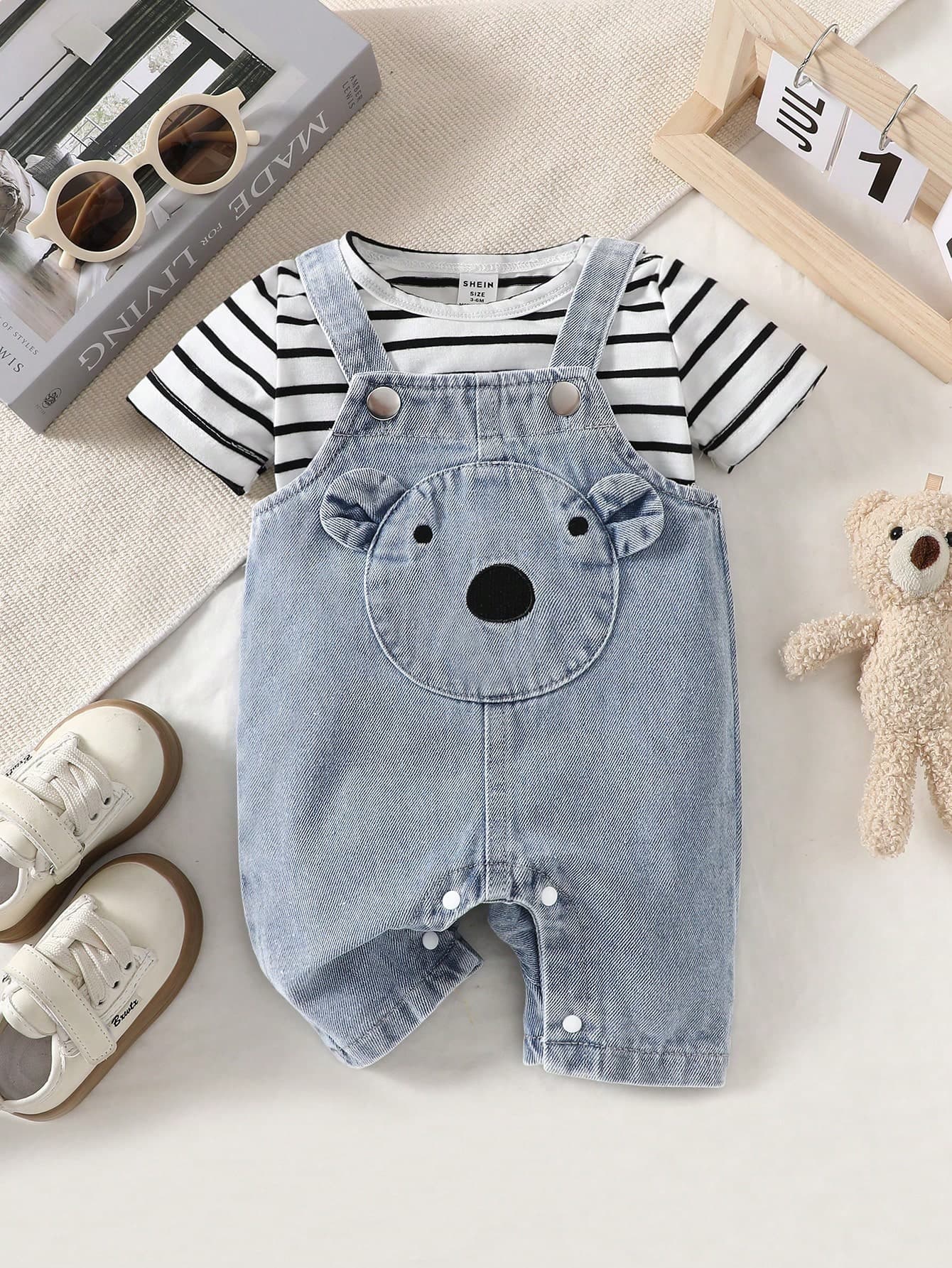 SHEIN Playful Pals Baby Boy Cartoon Graphic 3D Ear Design Denim Jumpsuit