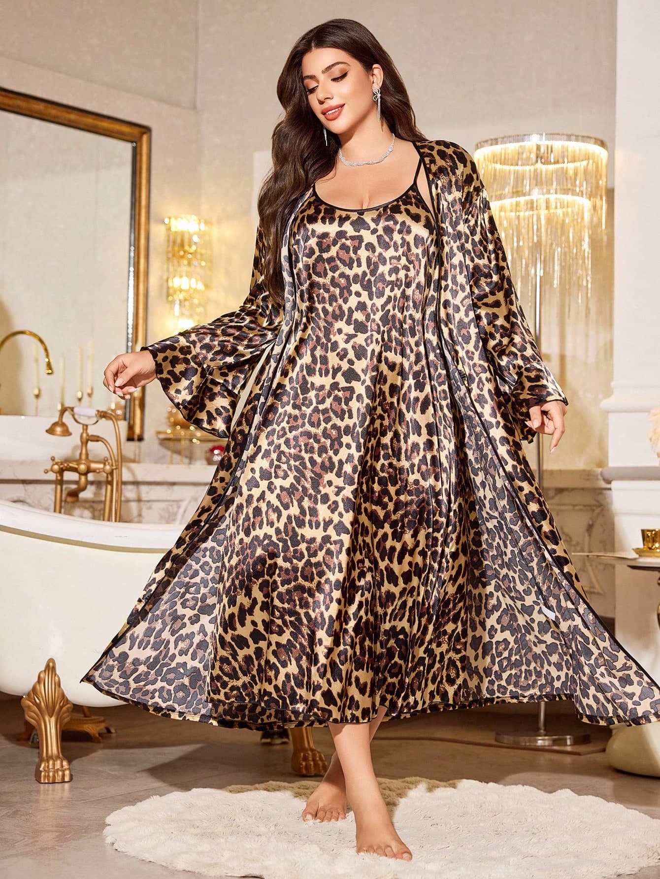 MuseNap CURVE Graceful Midi-Length Satin Pajama Set With Textured Pattern And Spaghetti Strap Neckline Plus Size Leopard Print Pajama Dress