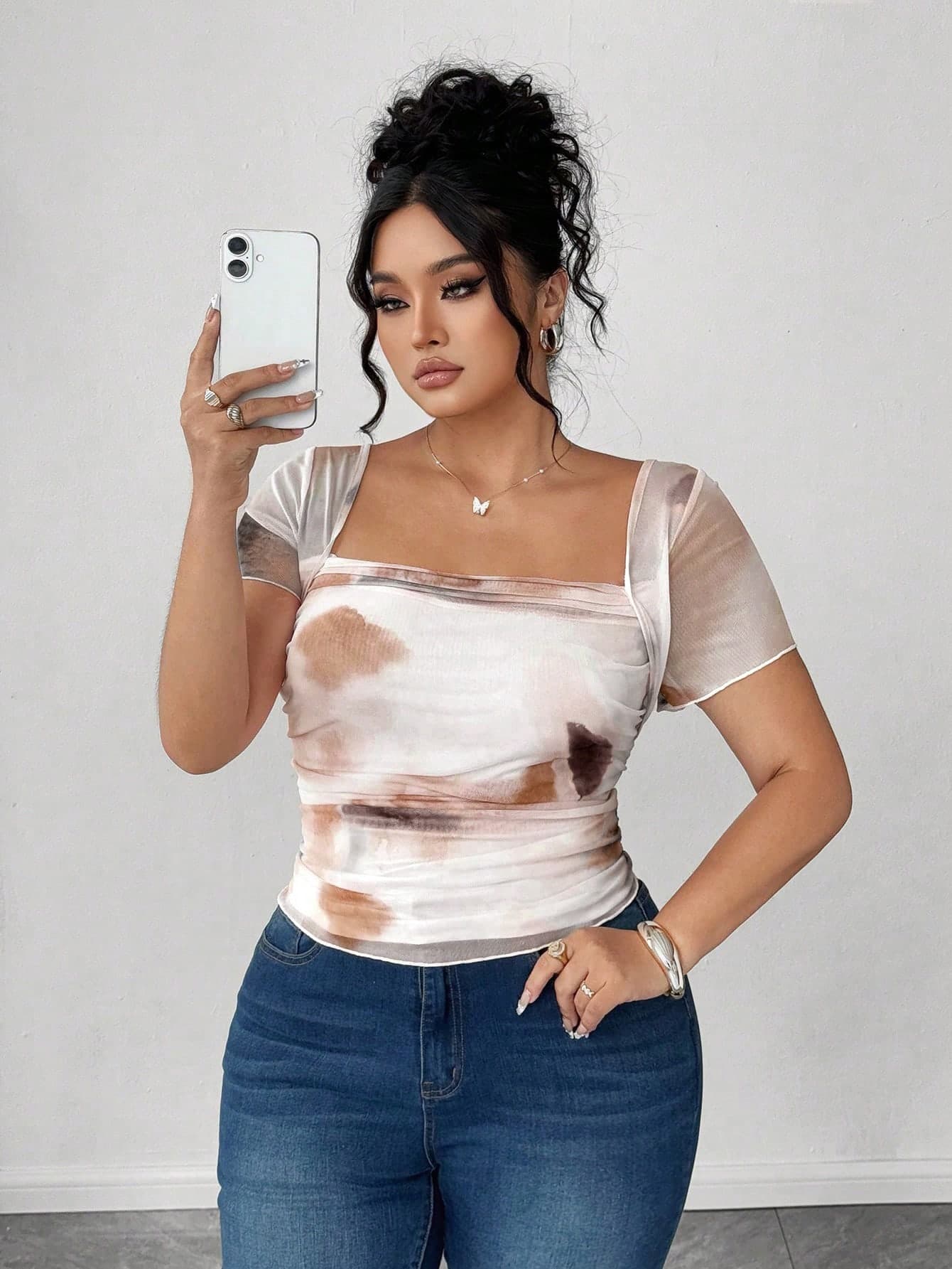 Elenzga Plus Size Women's Tie Dye Summer Glam Night Out Club Elegant Ruffle Collar Sheer Mesh Short Sleeve Casual Vacation Transparent See Through Top Shirt