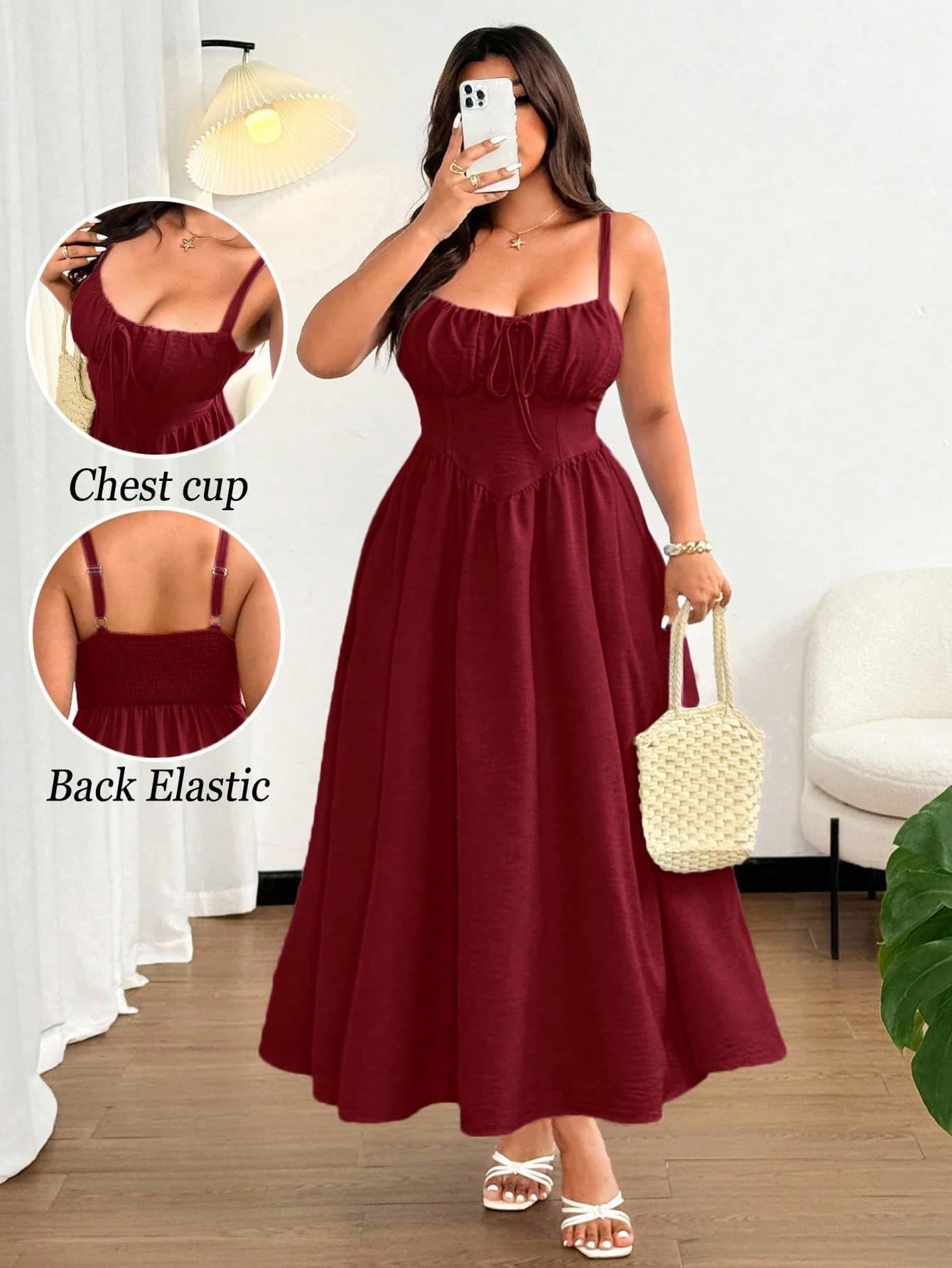 Vionelle Valentine Plus Size Women Elegant Burgundy Summer Maxi Beach Dress,Front Bowknot Spaghetti Strap Solid Holiday Wedding Party Dress,Back Elastic Design