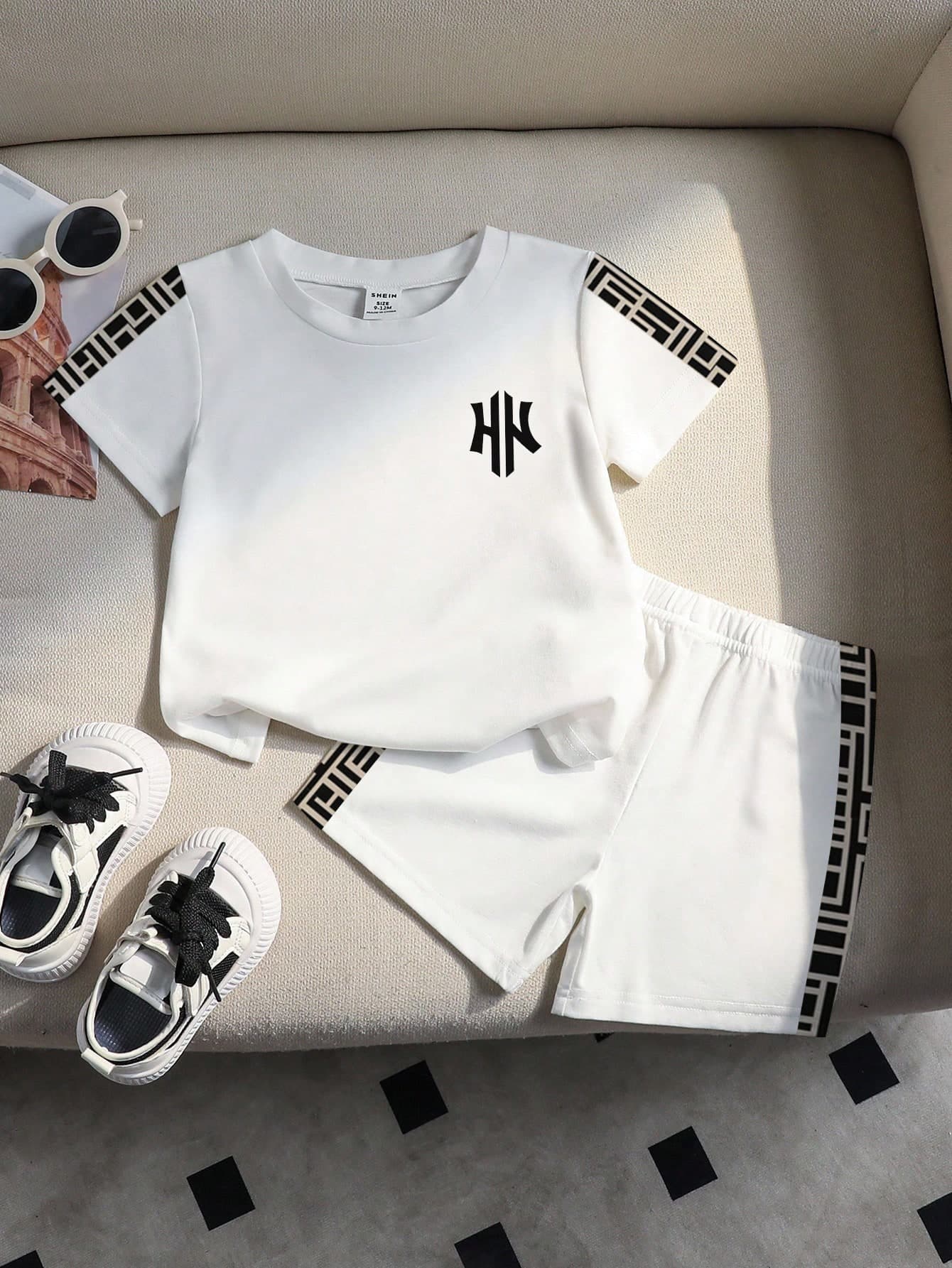 SHEIN Playful Pals Toddler Boys Plaid Patchwork Graphic Round Neck Short Sleeve T-Shirt And Shorts White Set White Baby Boy Summer Set