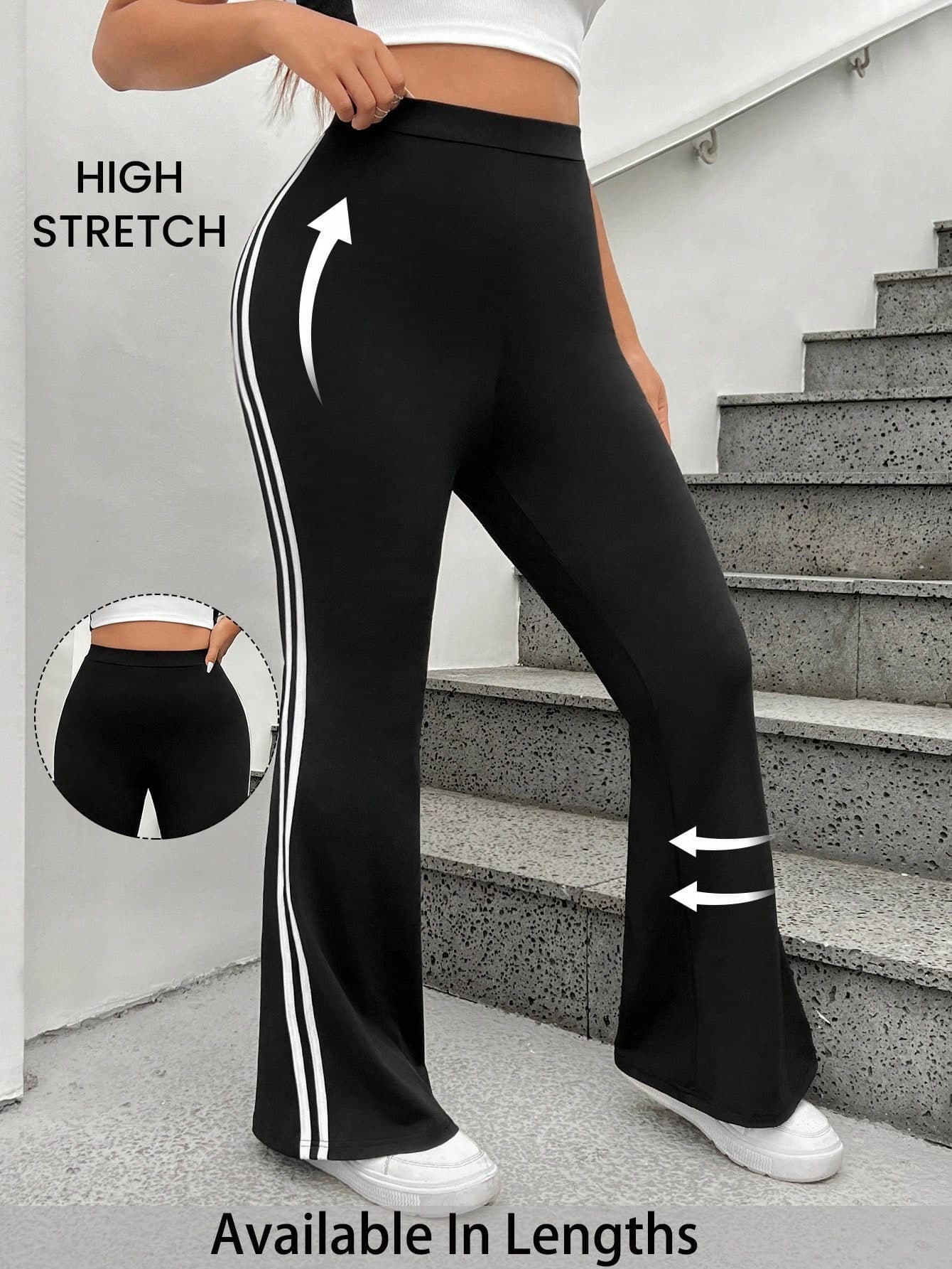 SHEIN PETITE CURVE Women's Plus Size Patchwork Side Split Flare Pants,High Waist Stretchy Yoga Leggings For Gym,Casual Sommar,Black And White Color Block Workout Pants