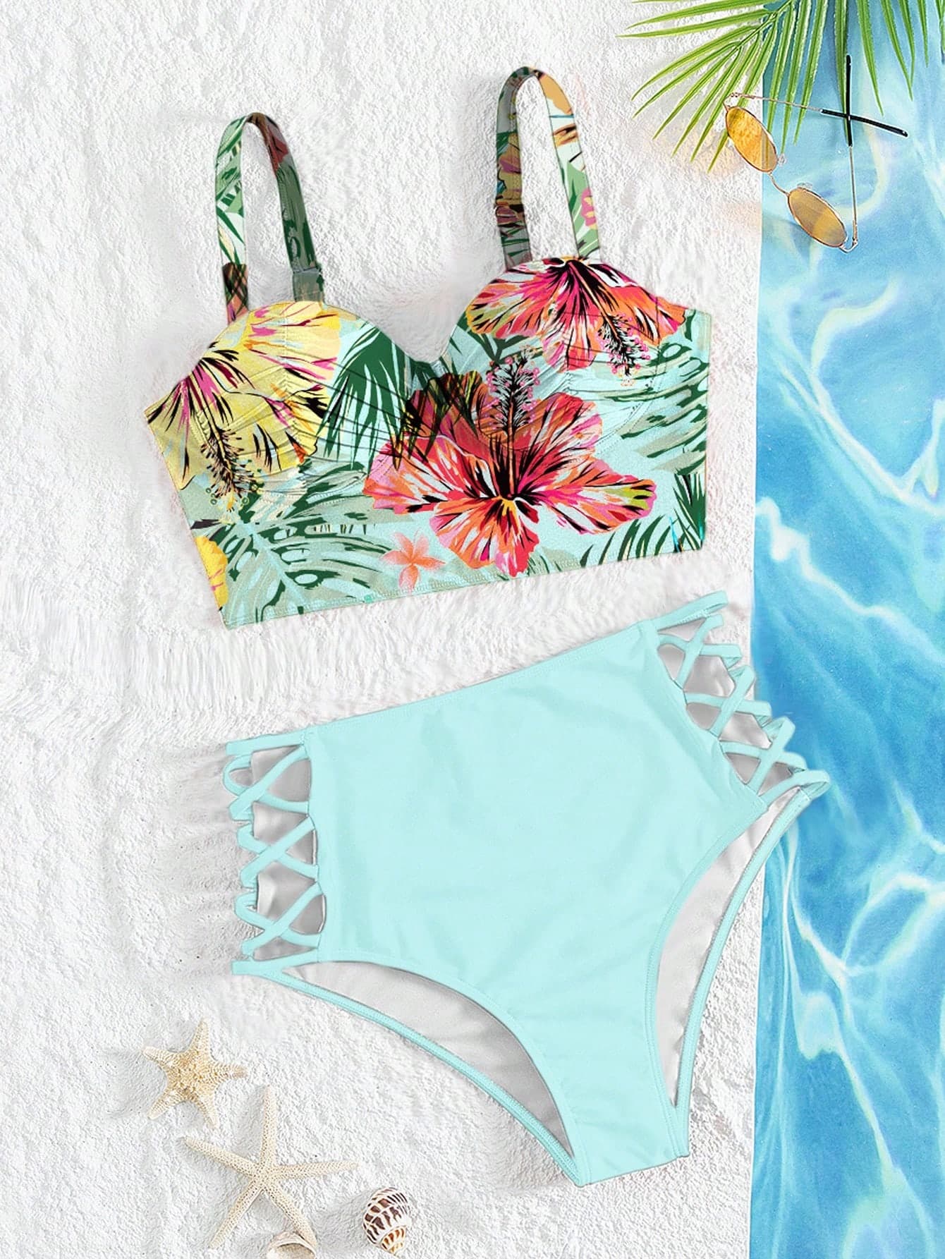 SHEIN Swim Women's Summer Beach Tropical Plant Print Sexy Bikini Swimwear Set (Print Random), PUSH UP With Underwire