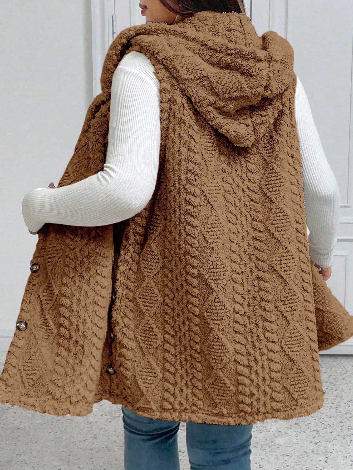 Elenzga Plus Size Casual Fluffy Jacquard Solid Color Thick Hooded Single-Breasted Versatile Cardigan Vest Jacket Winter Fall Autumn