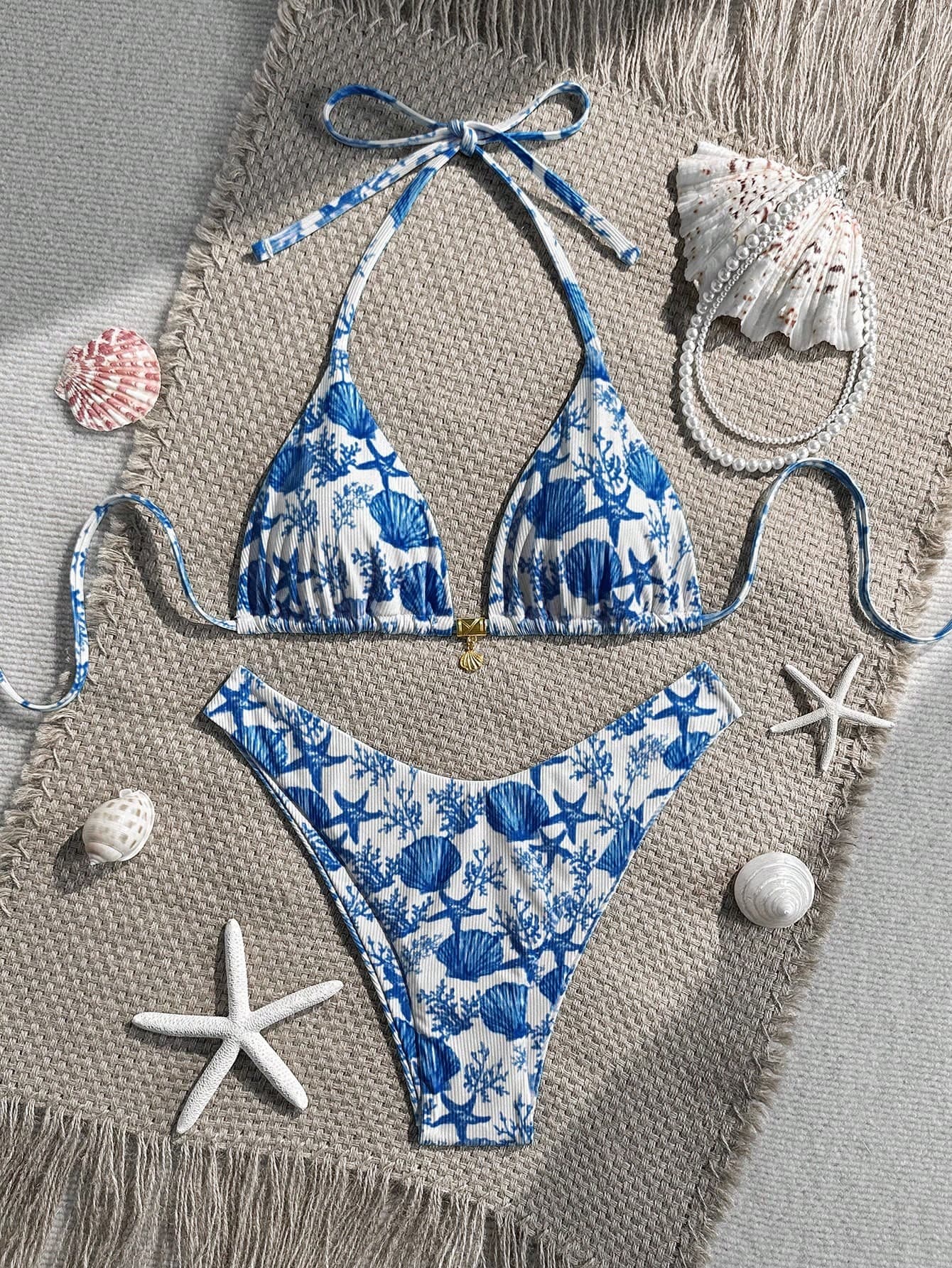 Swim Mod 2pcs/Set Summer Vacation Random Print Ribbed Texture Fabric Golden Shell Decor Halter Bra Top And High Cut Swim Briefs Sexy Bikini Swimwear