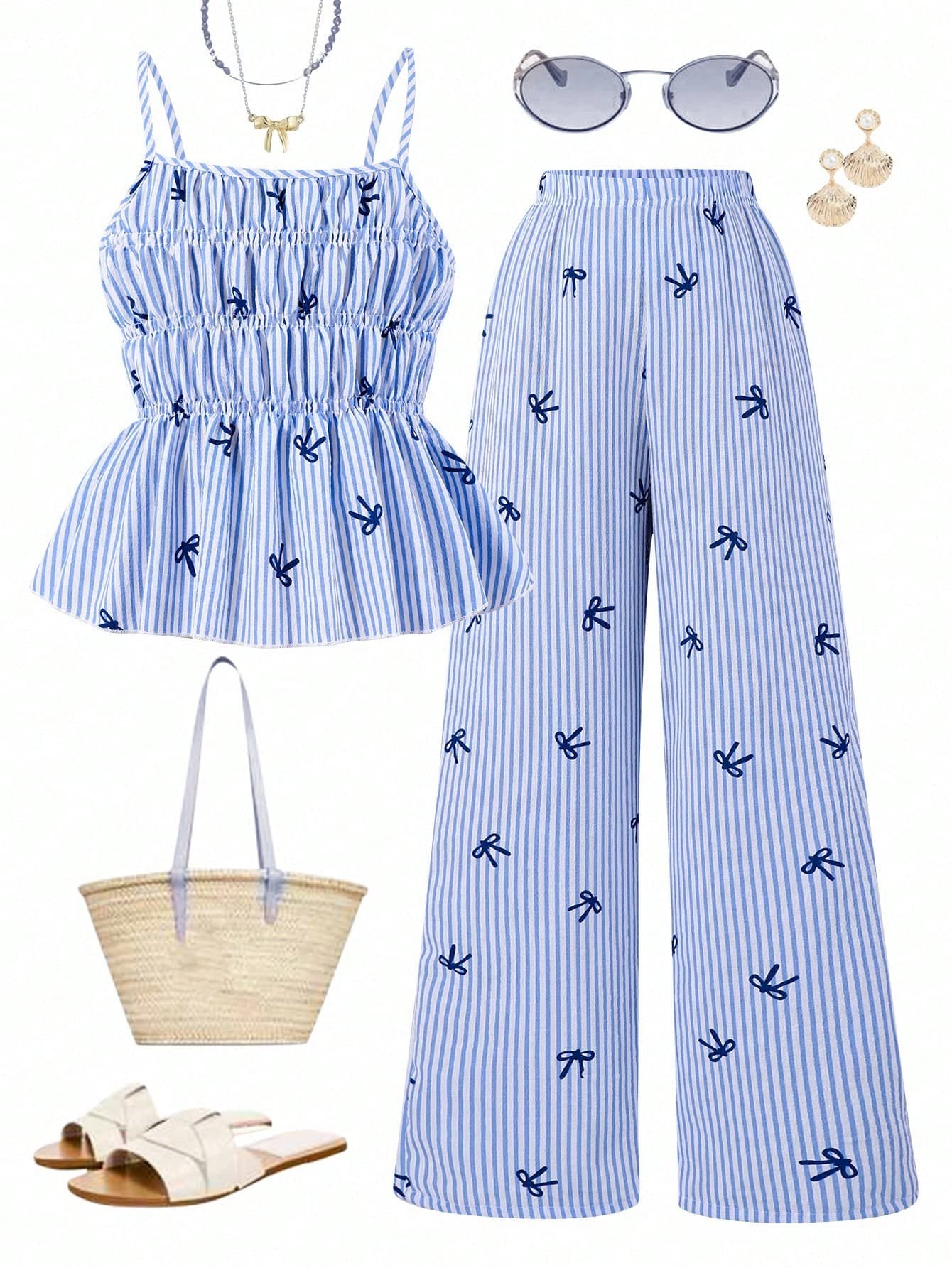 Sparklyn 2pcs/Set Striped Bow Decor Camisole Top And Straight Leg Pants Summer Vacation Outfit For Tween Girl