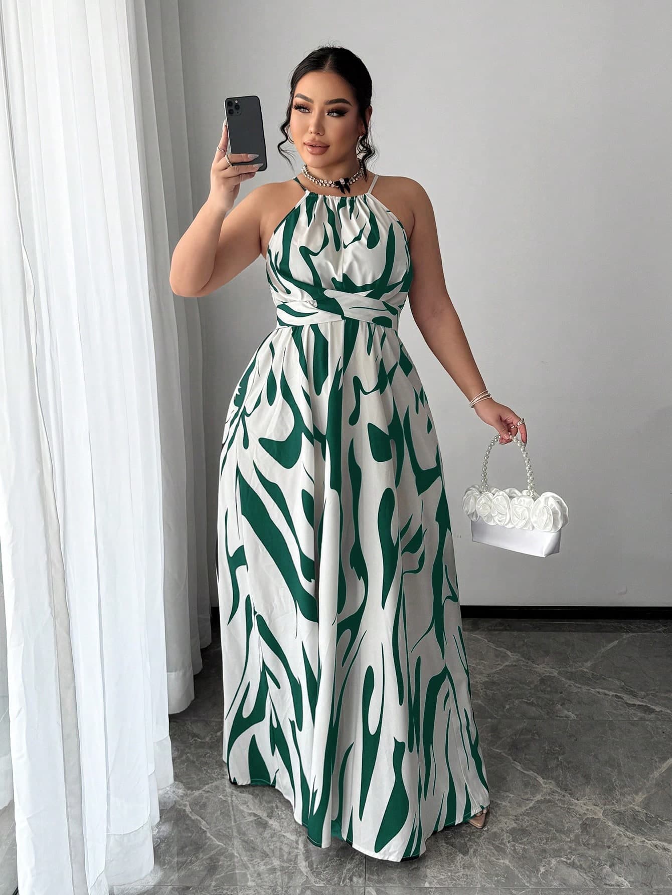 SHEIN SXY Chic Elegant Plus Size White Halter Neck Long Dress For Women Stylish Abstract Print Prom Vacation Gown Birthday Event Outfit Summer