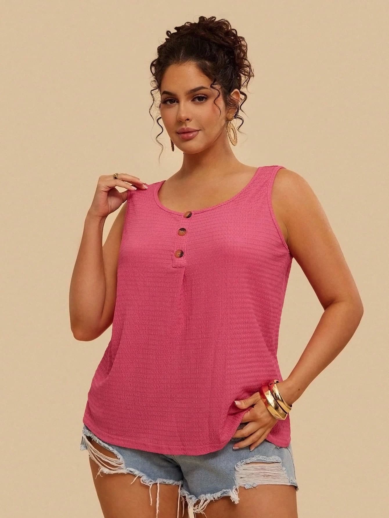 Travachic Plus Size Women Casual Round Neck Loose Button Decor Tank Top