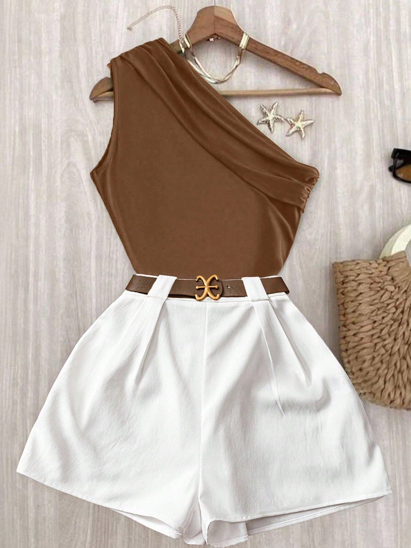 Roelina Casual Commuter High Stretch Solid Brown Pleated Shoulder Top And White Elastic Waist Pants 2-Piece Set