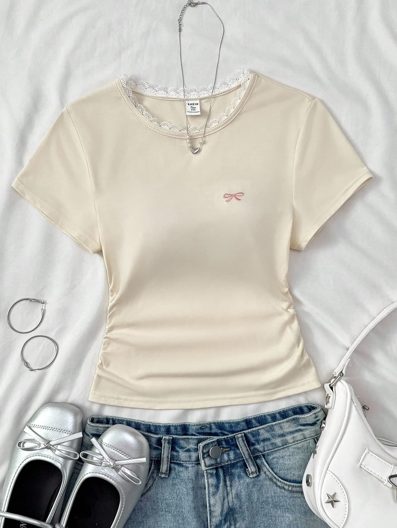 Teen Girl White Knitted Round Neck Bow Embroidered Side Waist Gathered Lace Short-Sleeved T-Shirt,Summer Cute Graduation Aesthetic Y2k Baby Tee Tops