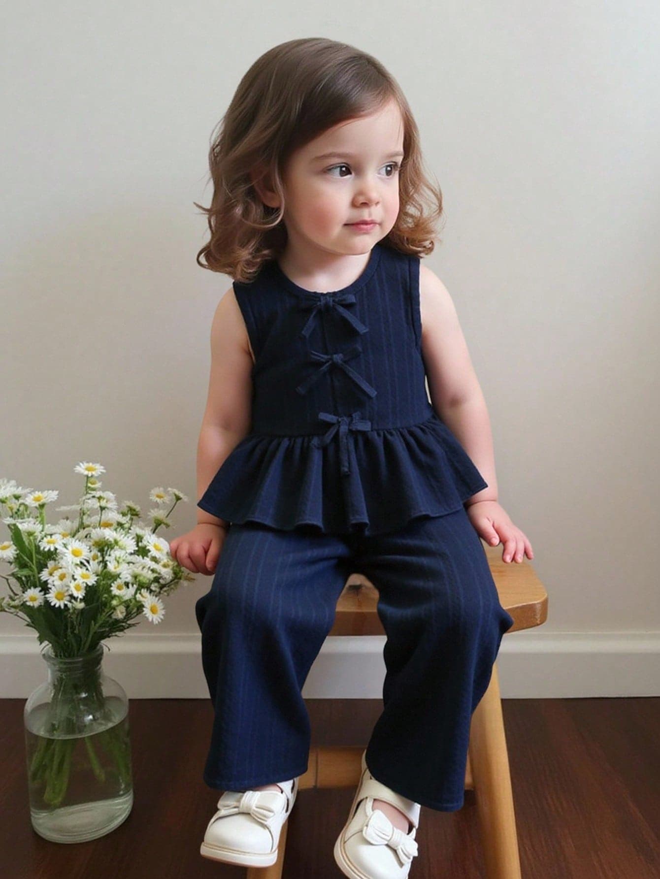 SHEIN Vintaside Kids Baby Girl Blue Round Neck Sleeveless Top Elastic Waist Sweet Suitable For Outdoor Wear