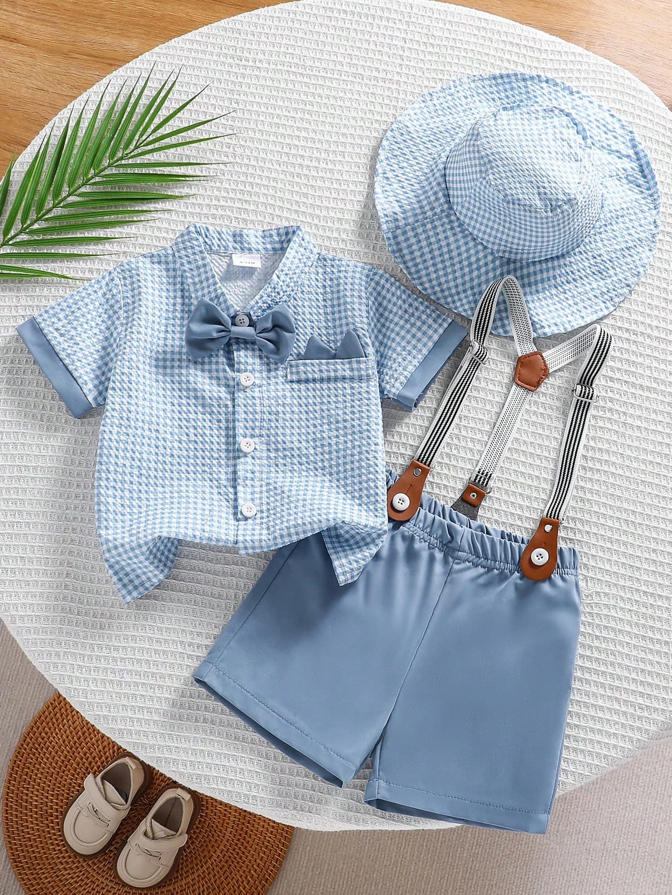 Souflis Souflis 4pcs Toddler Boys 0-3Y Plaid Outfit,White Summer Elegant Wedding Blue Short Sleeve Shirt,Shorts,Bow,Hat Set For Birthday Party,Formal Casual Occasions