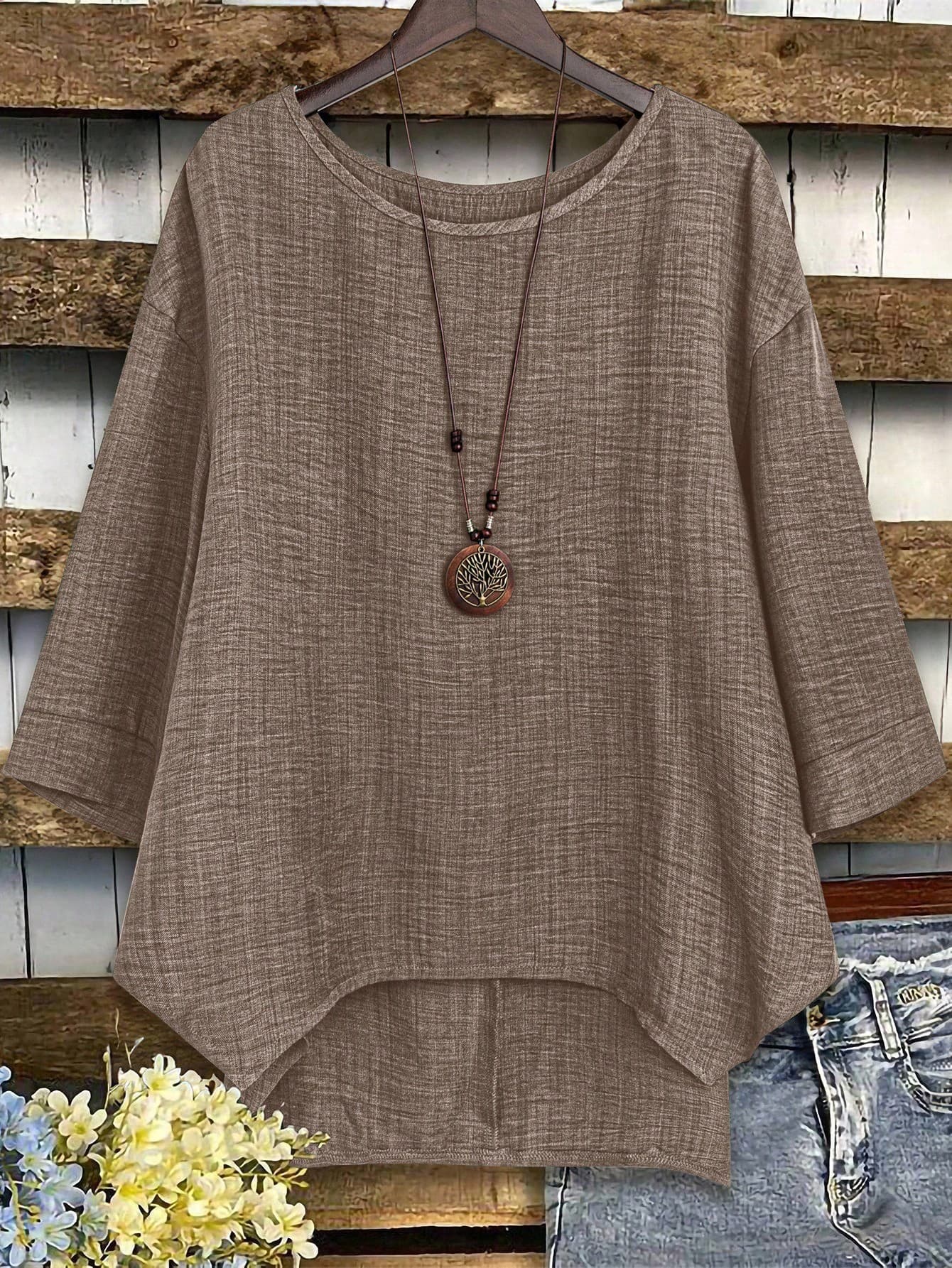 EMERY ROSE Plus Size Casual Simple Solid Color Round Neck 3/4 Sleeve Shirt